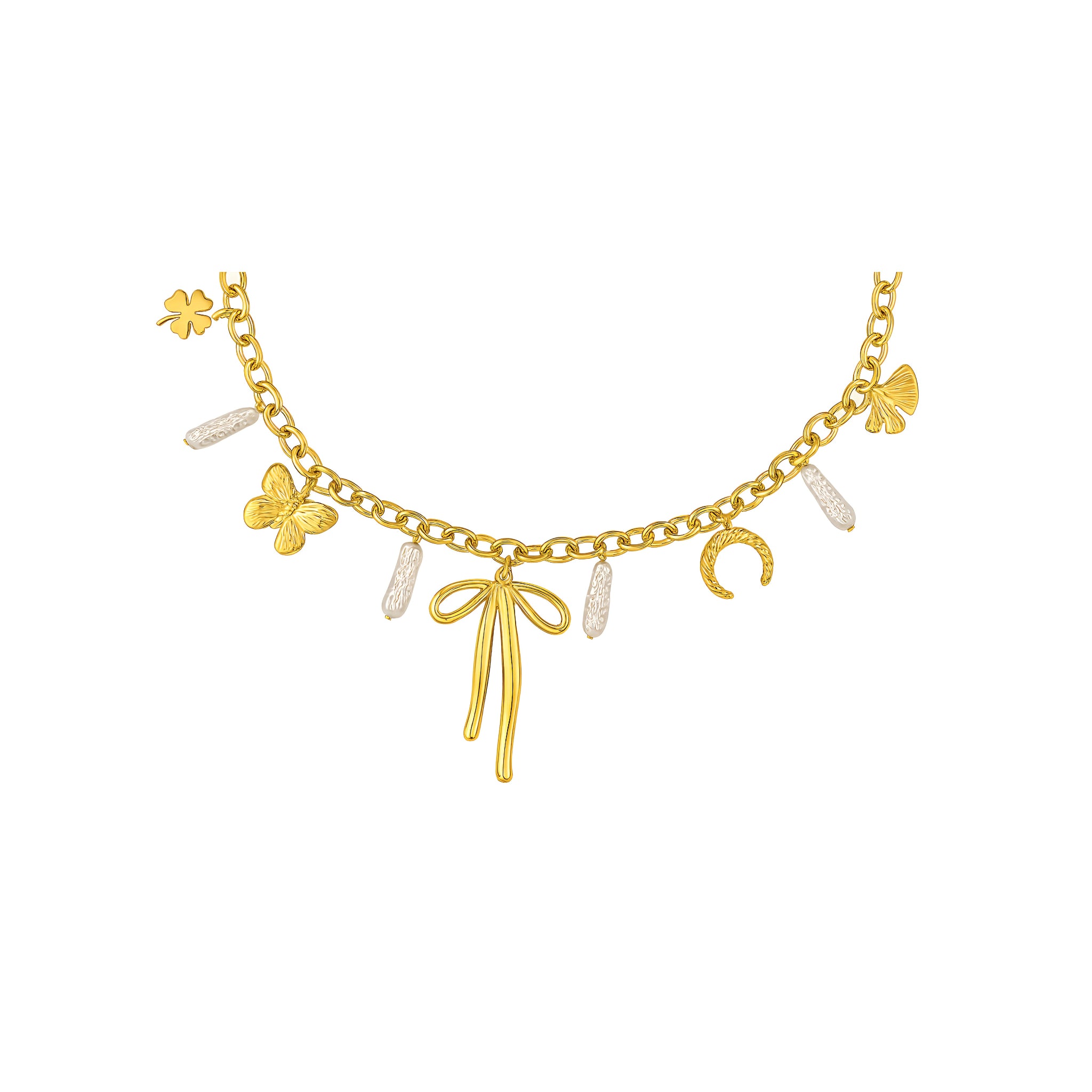 Gold necklace with various charms on a white background