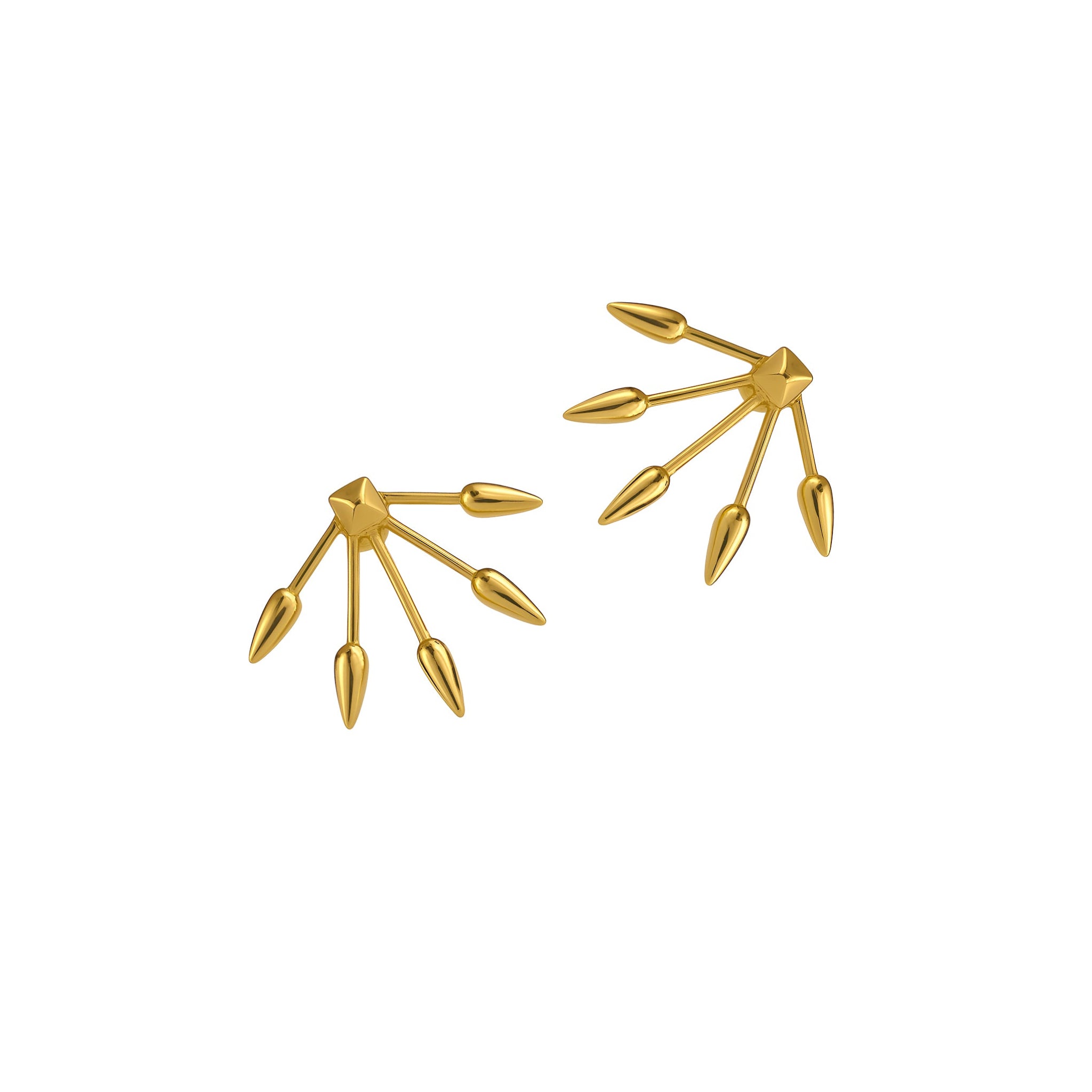 Pair of gold arrow shape earrings on a white background