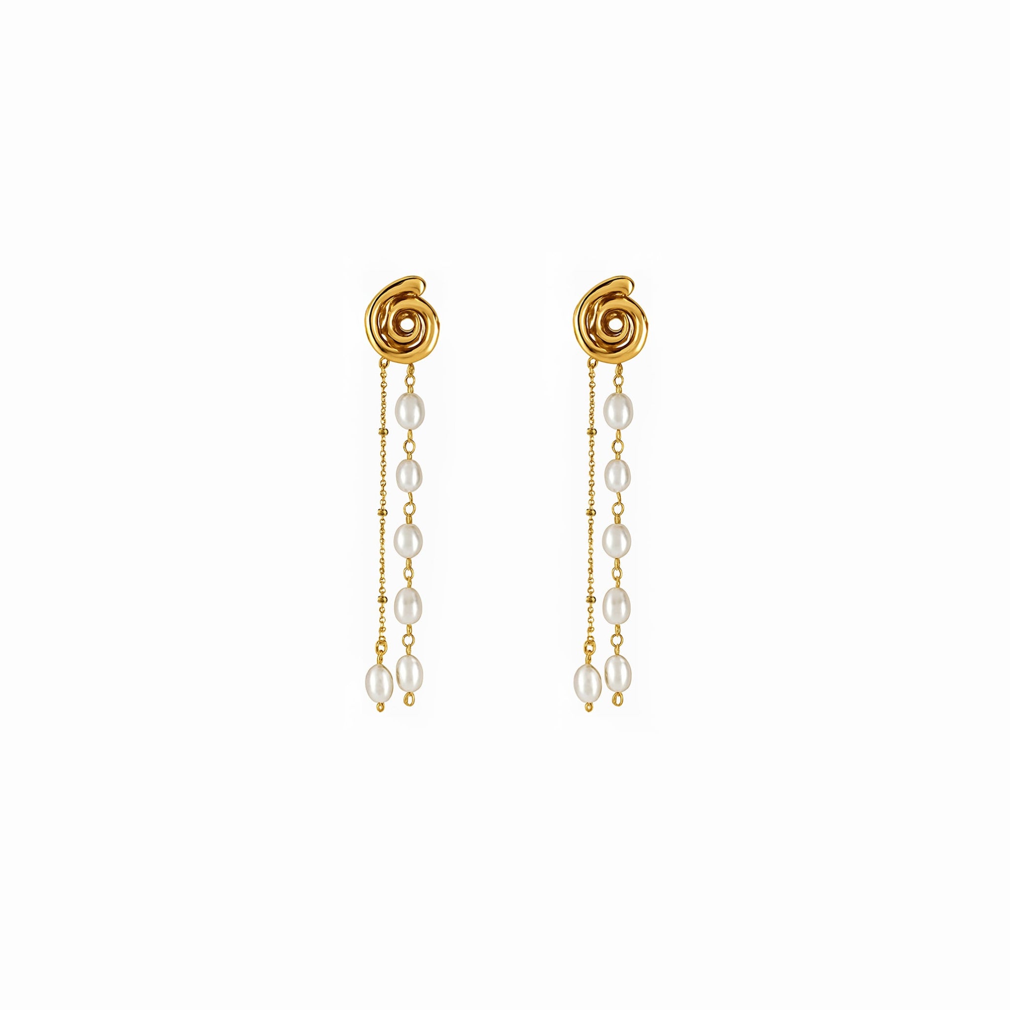 Gold earrings with pearl drops on a white background