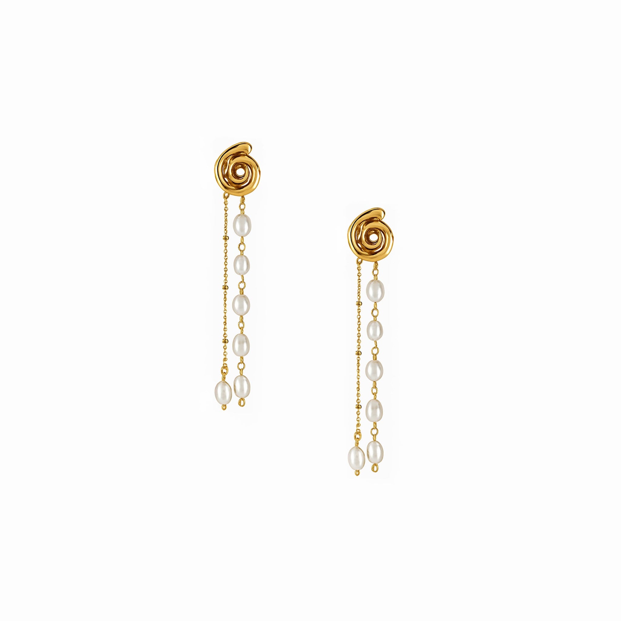 Gold earrings with pearl strands on a white background