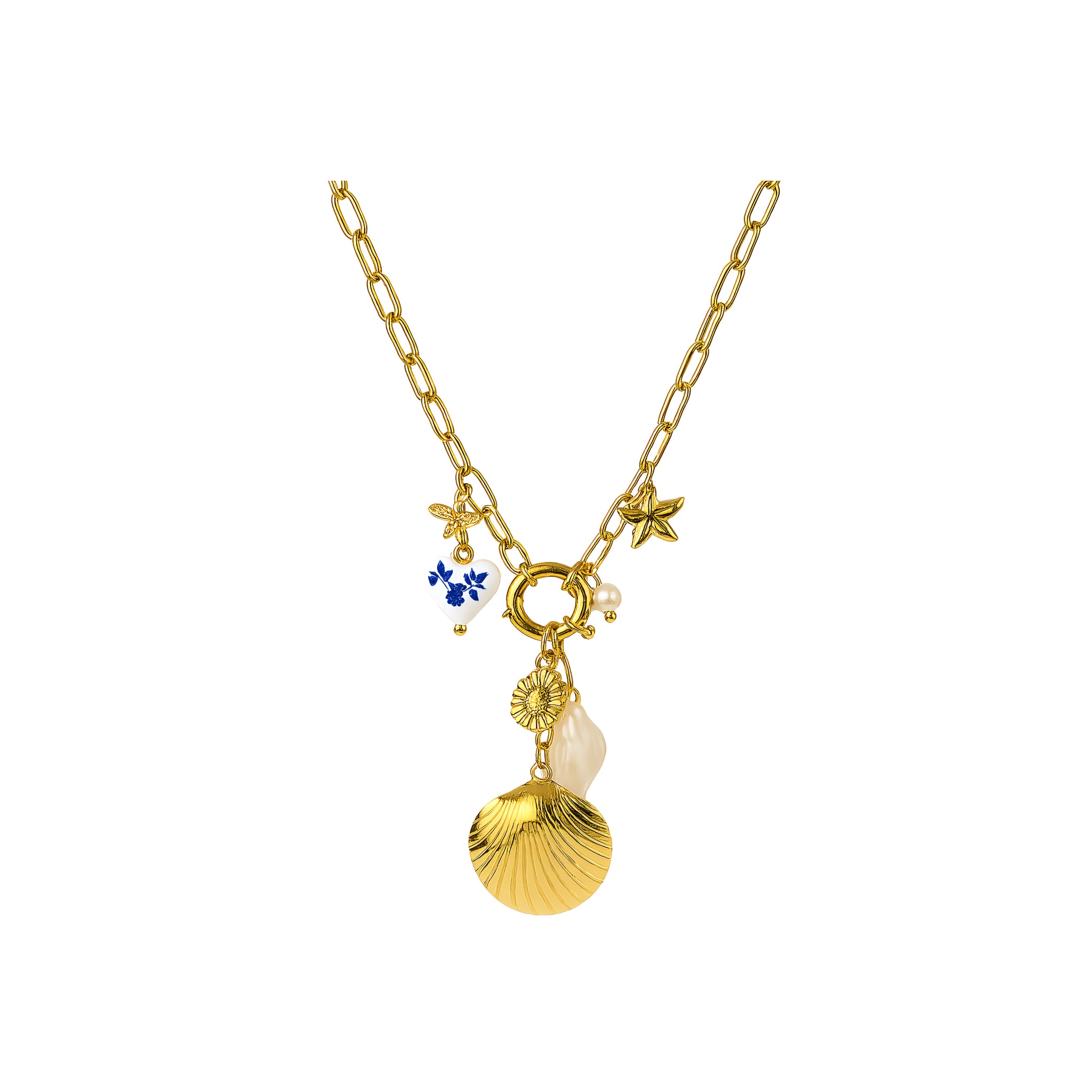 Gold necklace with shell and starfish charms on a white background