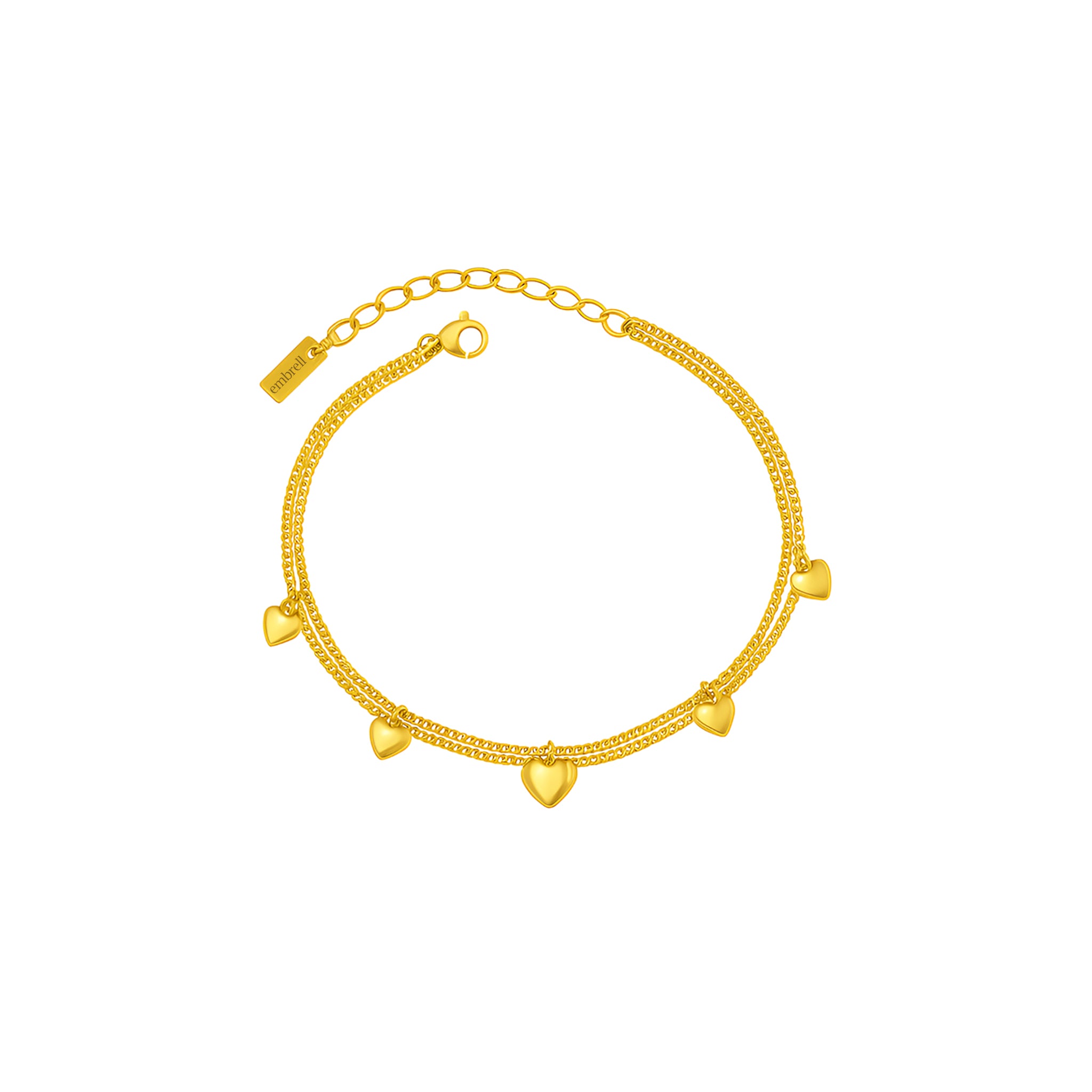 Gold bracelet with heart-shaped charms on a white background