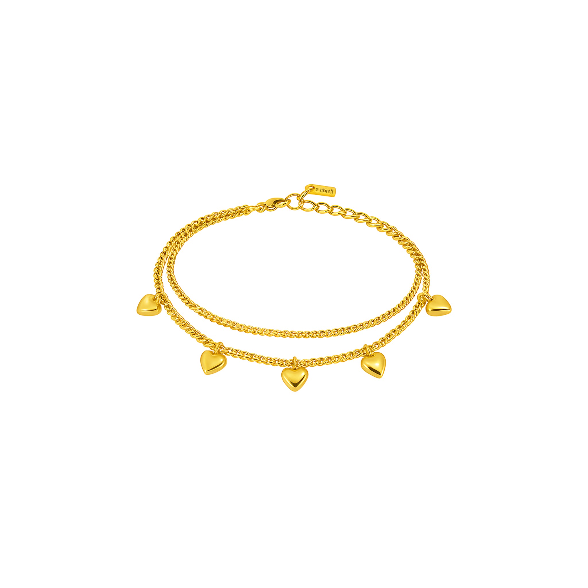 Gold bracelet with heart-shaped charms on a white background
