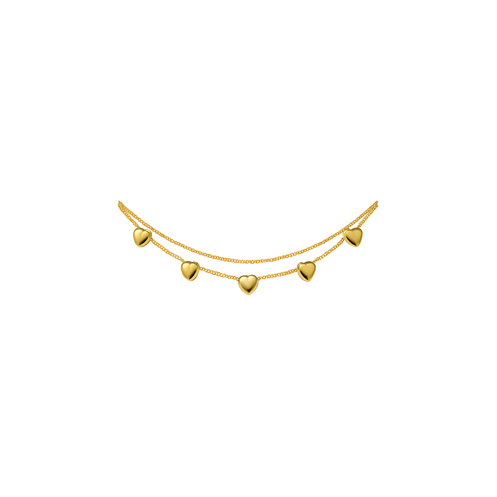 Gold necklace with heart-shaped pendants on a white background