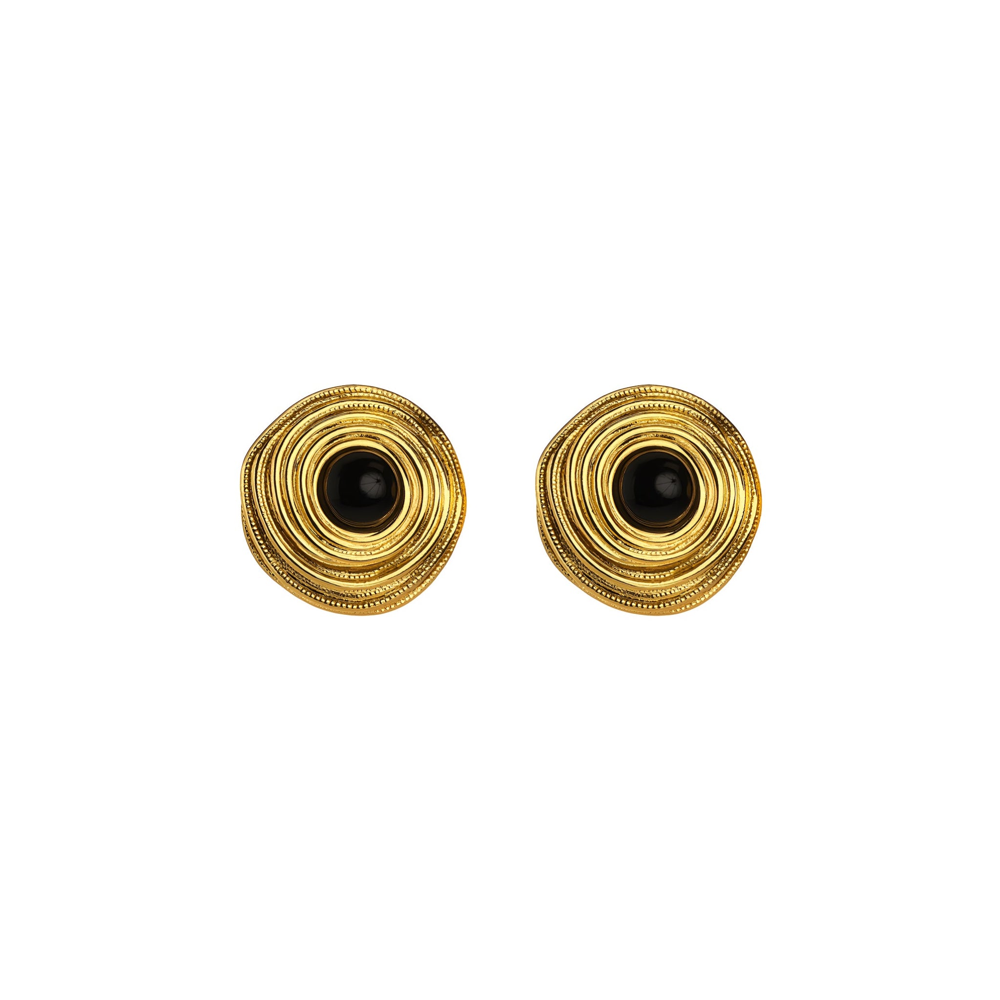 Pair of gold earrings with black centers on a white background