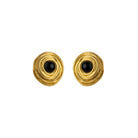 Pair of gold earrings with black centers on a white background