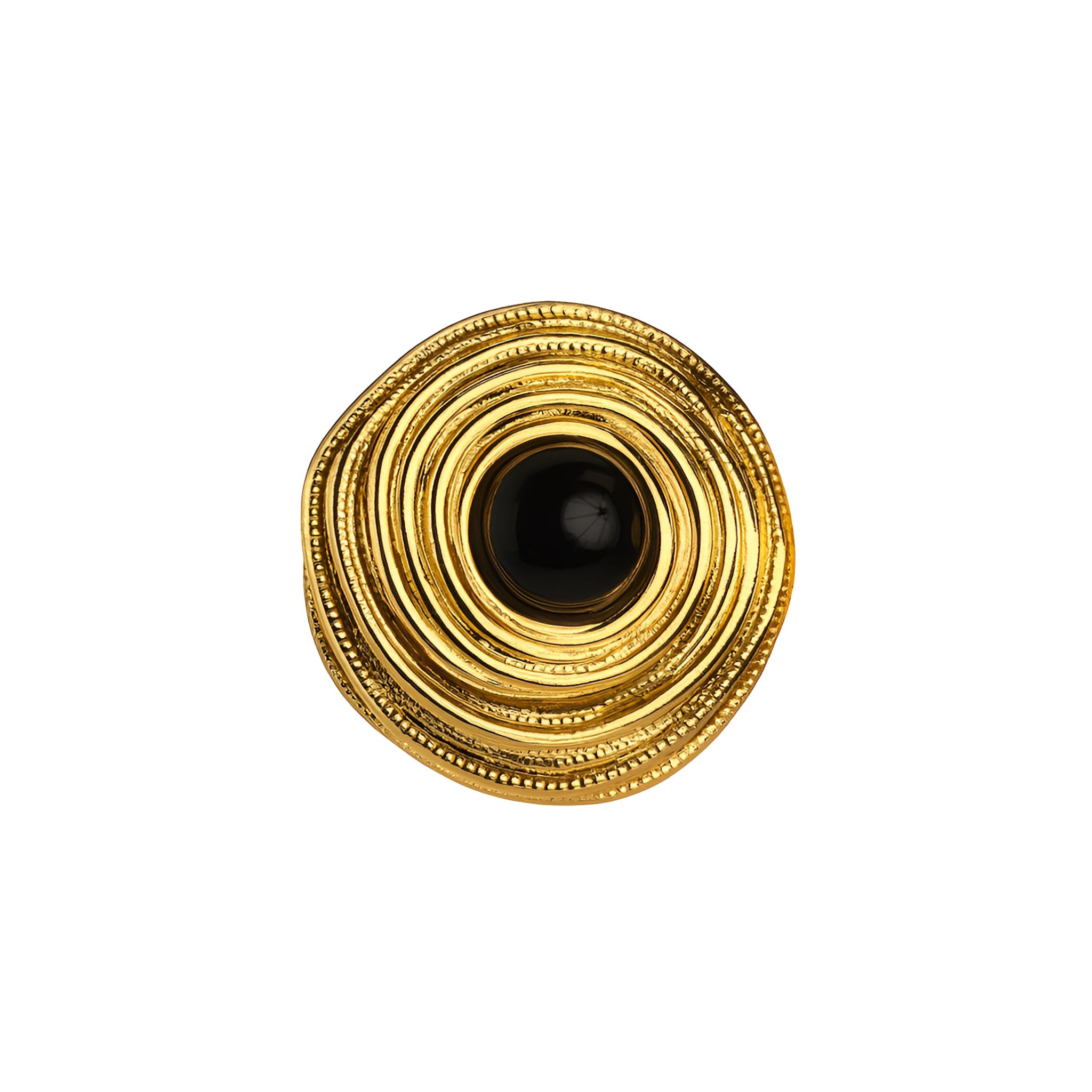 Gold earring with a central black stone on a white background