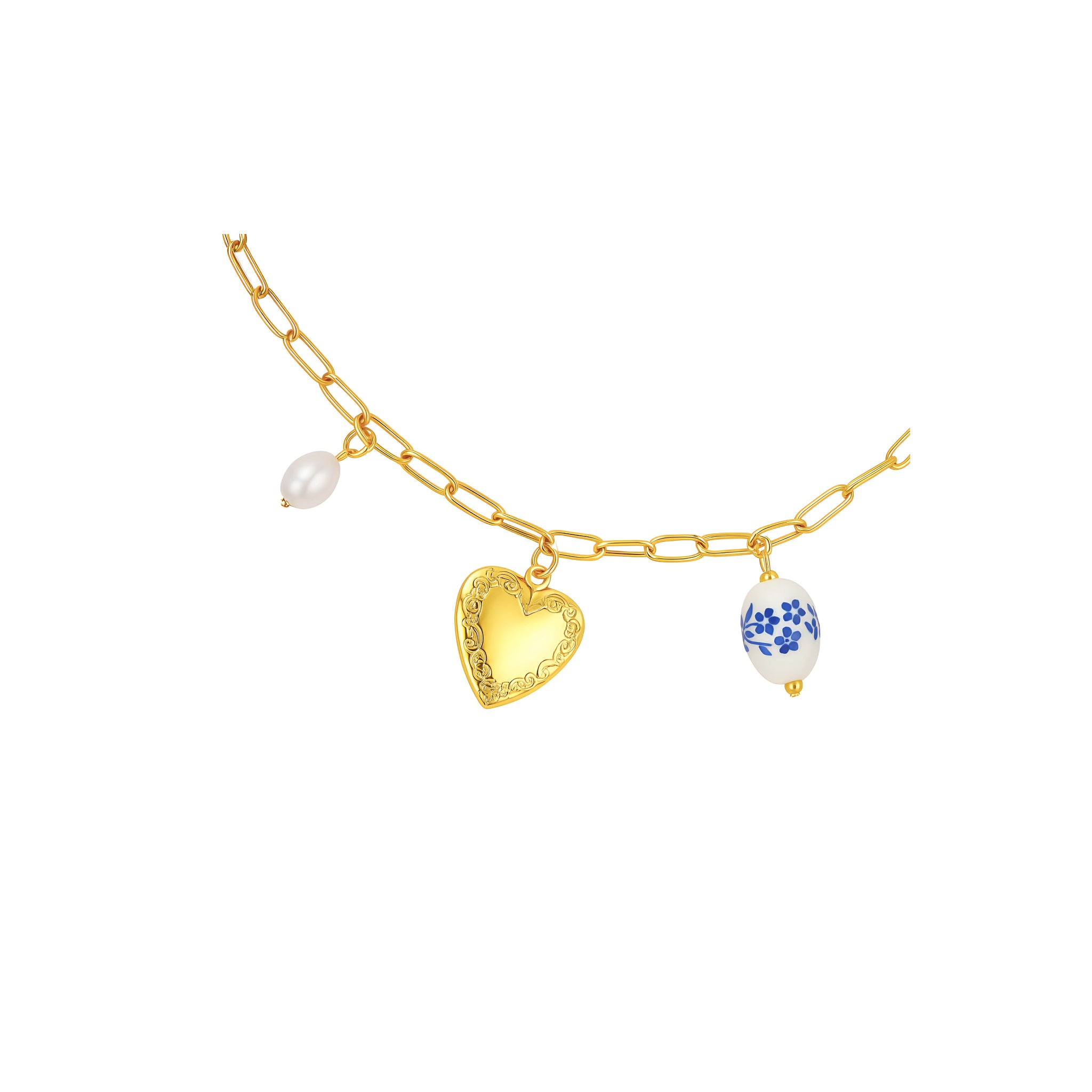Gold chain necklace with heart and floral pendant on a white background