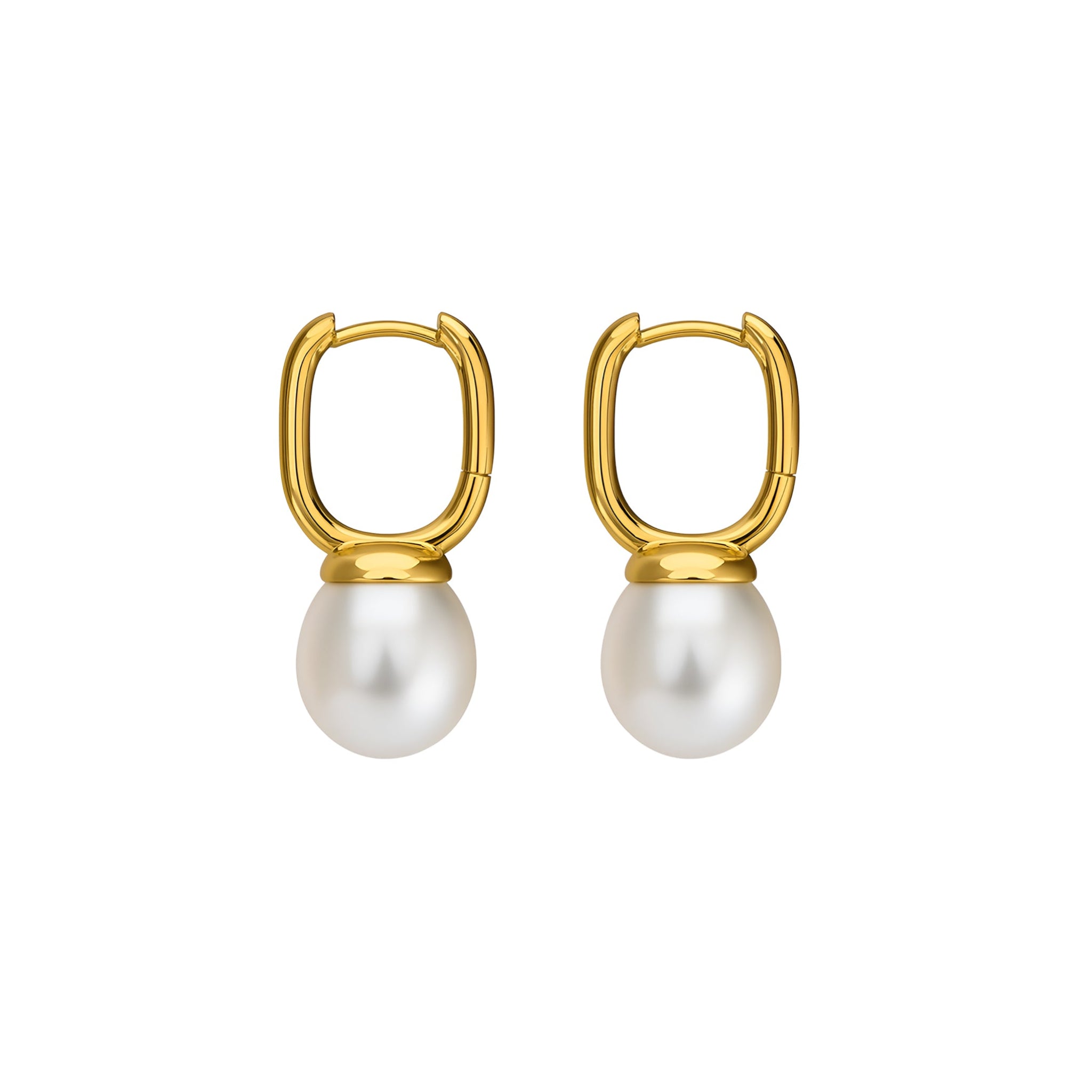 Gold hoop earrings with white pearls on a white background