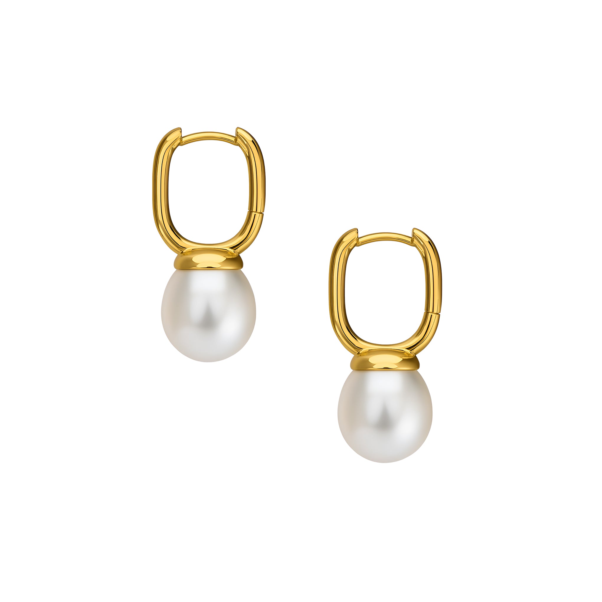 Gold hoop earrings with white pearls on a white background