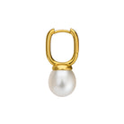 Gold hoop earring with a pearl on a white background
