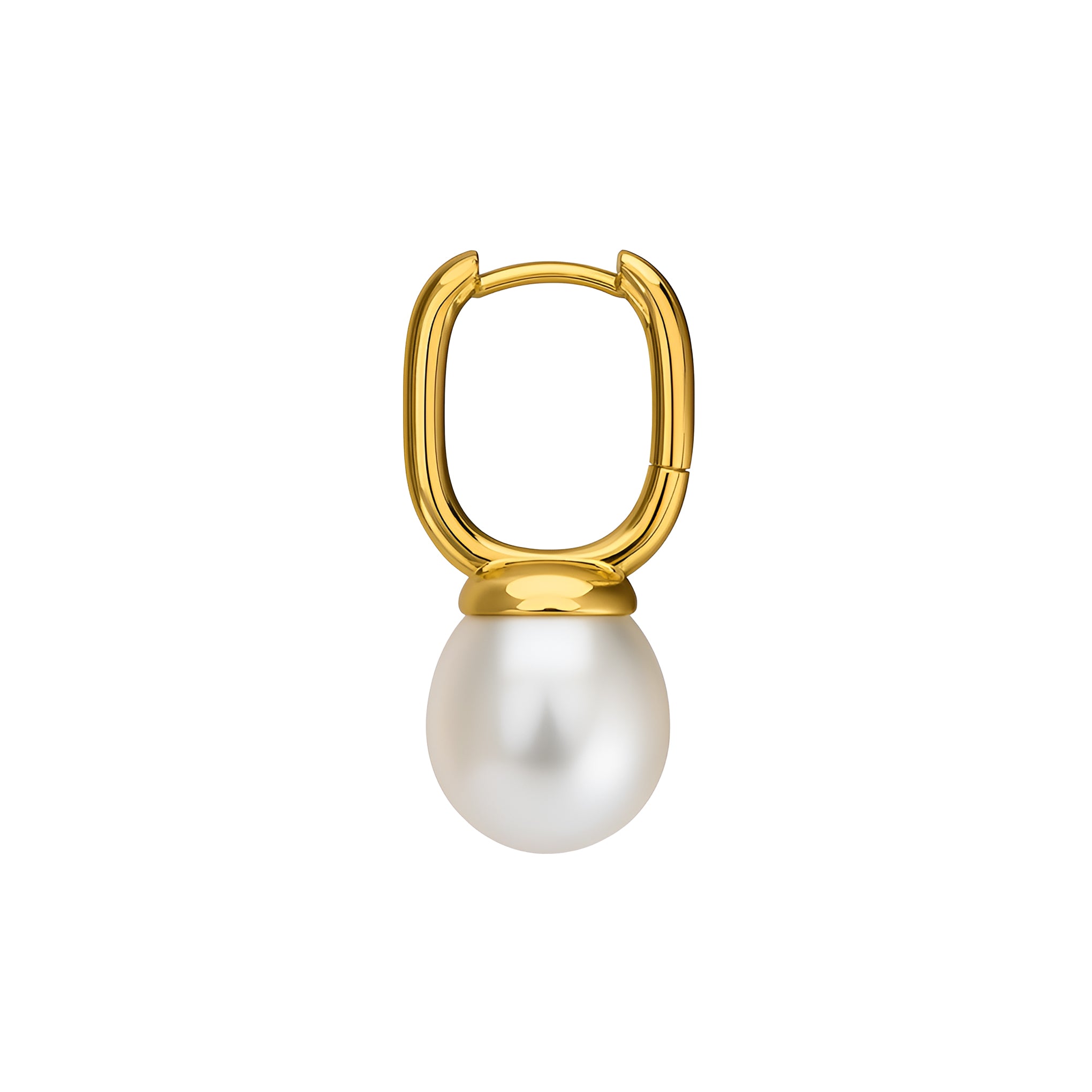 Gold hoop earring with a pearl on a white background