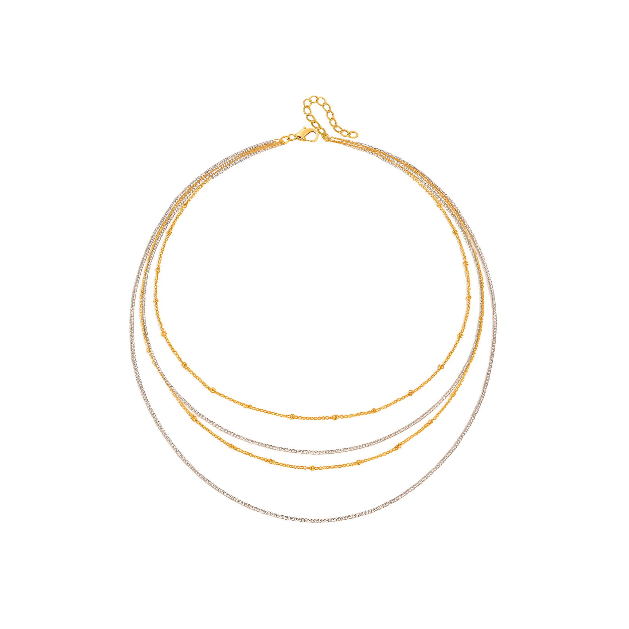 Four layer gold and silver necklace on a white background