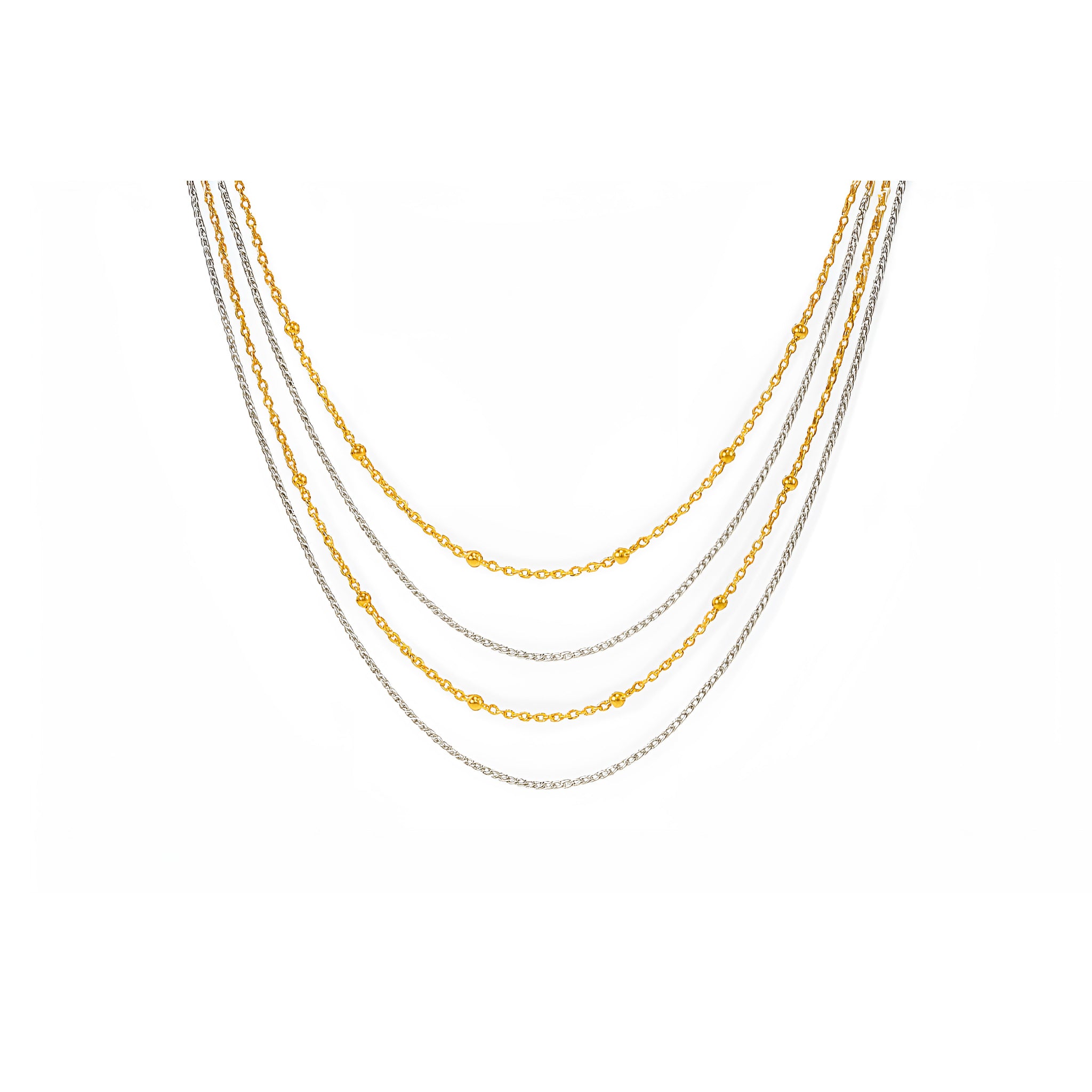 Four layer gold and silver necklace on a white background