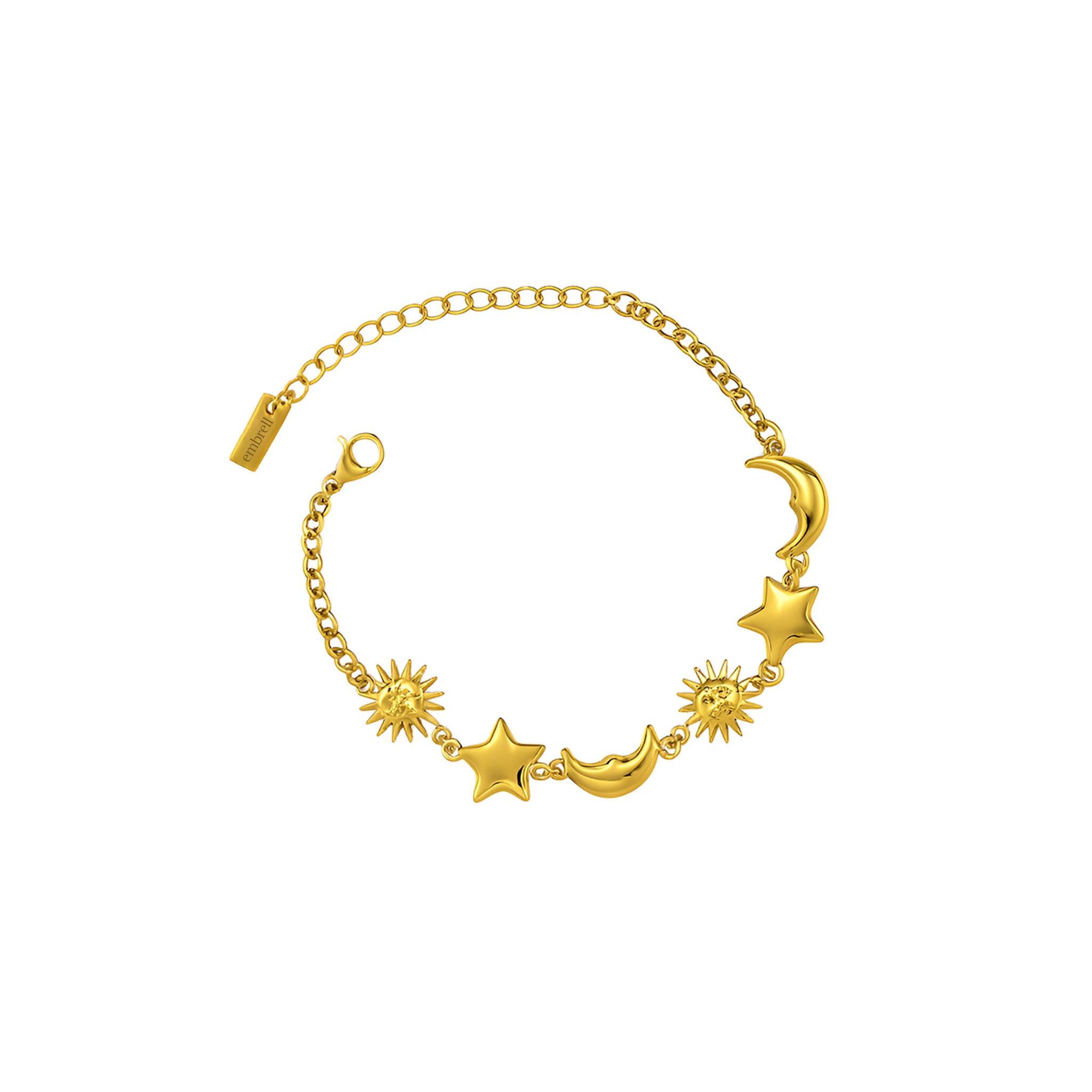 Gold bracelet with star and moon charms on a white background