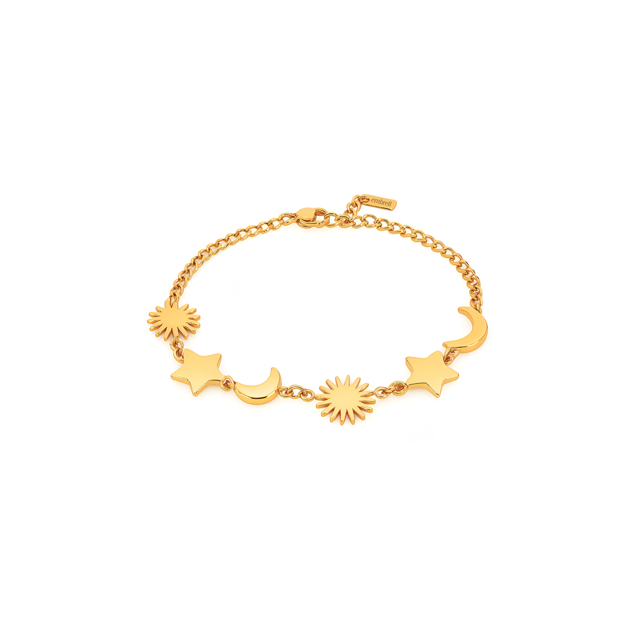 Gold bracelet with star, moon, and sun charms on a white background