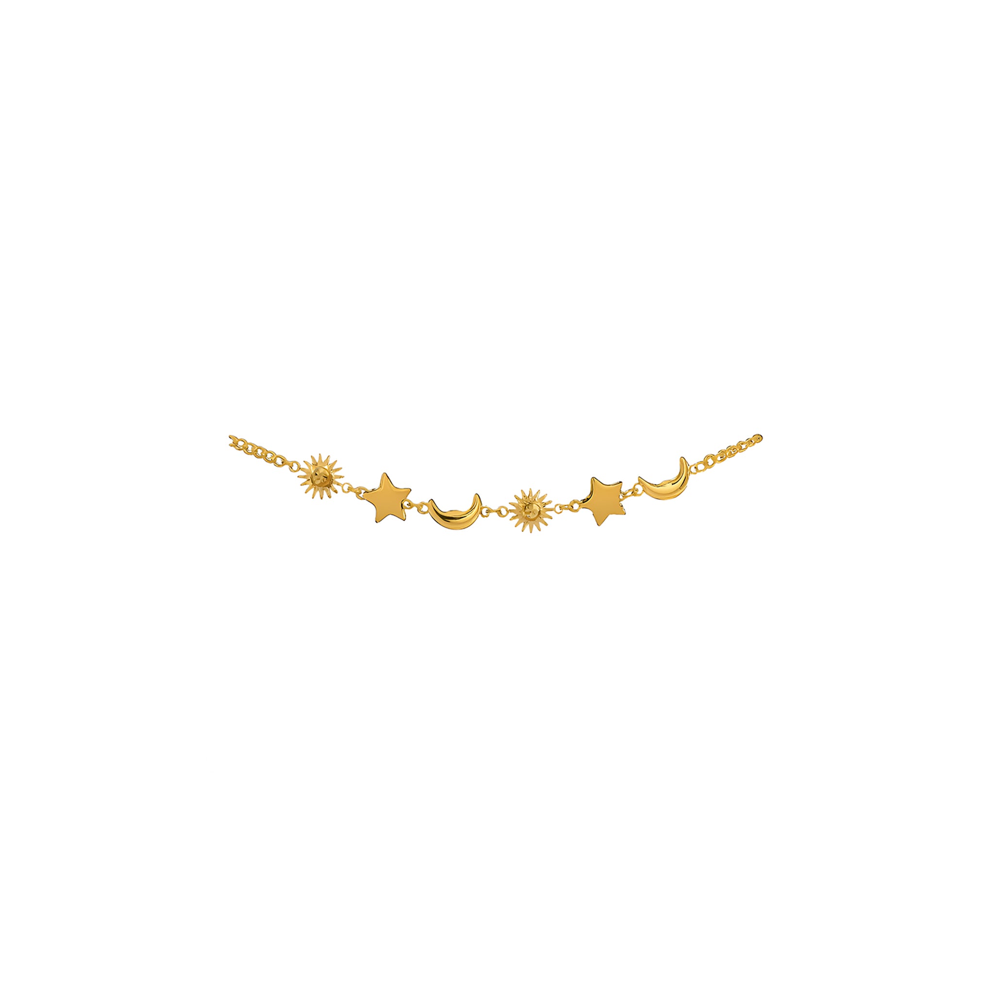 Gold necklace with stars and moons on a white background