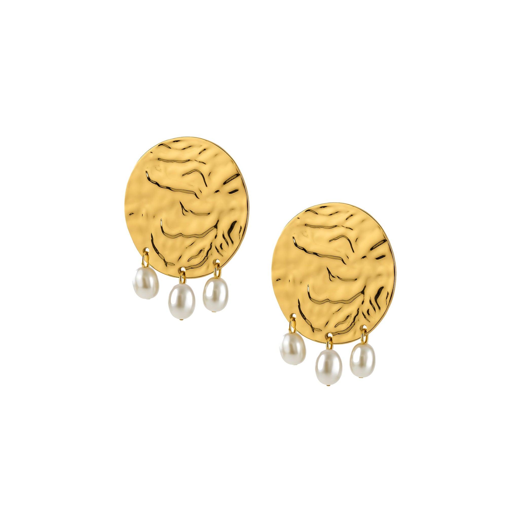 Gold earrings with pearl drops on a white background
