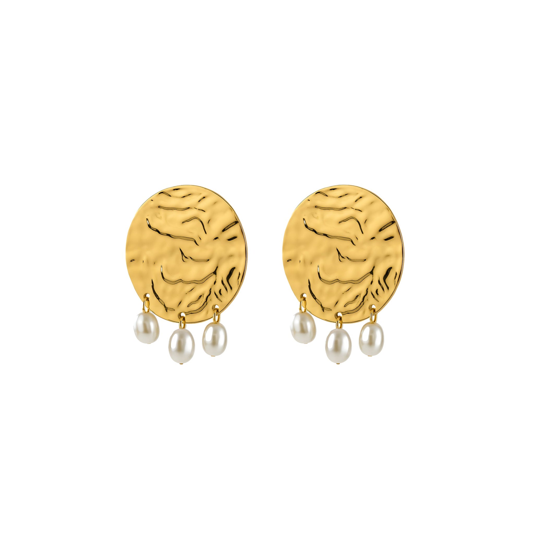 Gold earrings with pearl drops on a white background