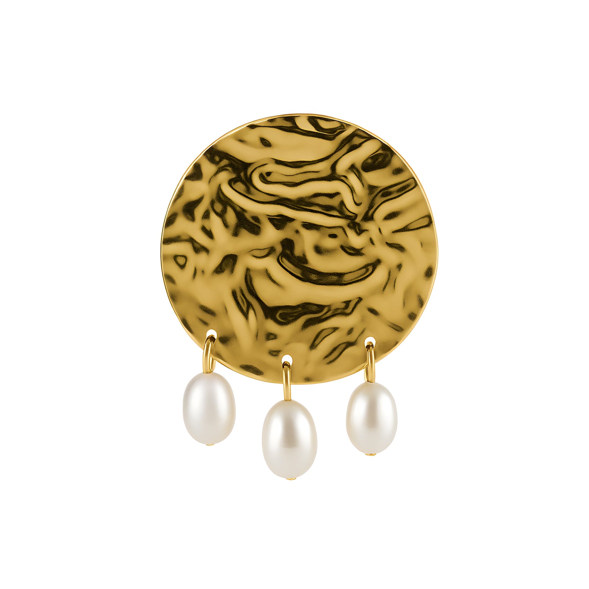 Gold circular earring with three pearl drops on a white background