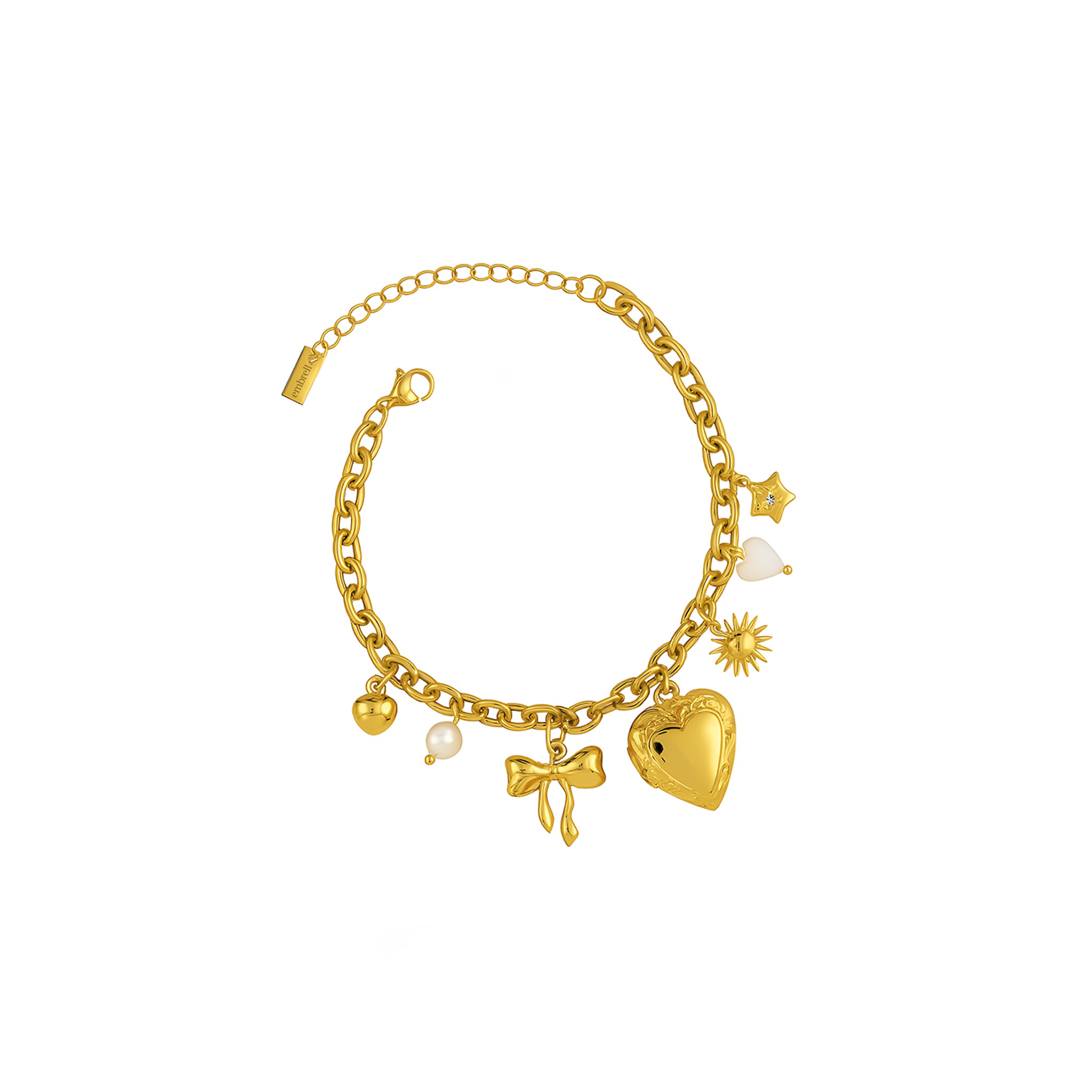 Gold bracelet with various charms on a white background