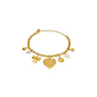 Gold bracelet with various charms on a white background