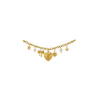 Gold bracelet with various charms on a white background