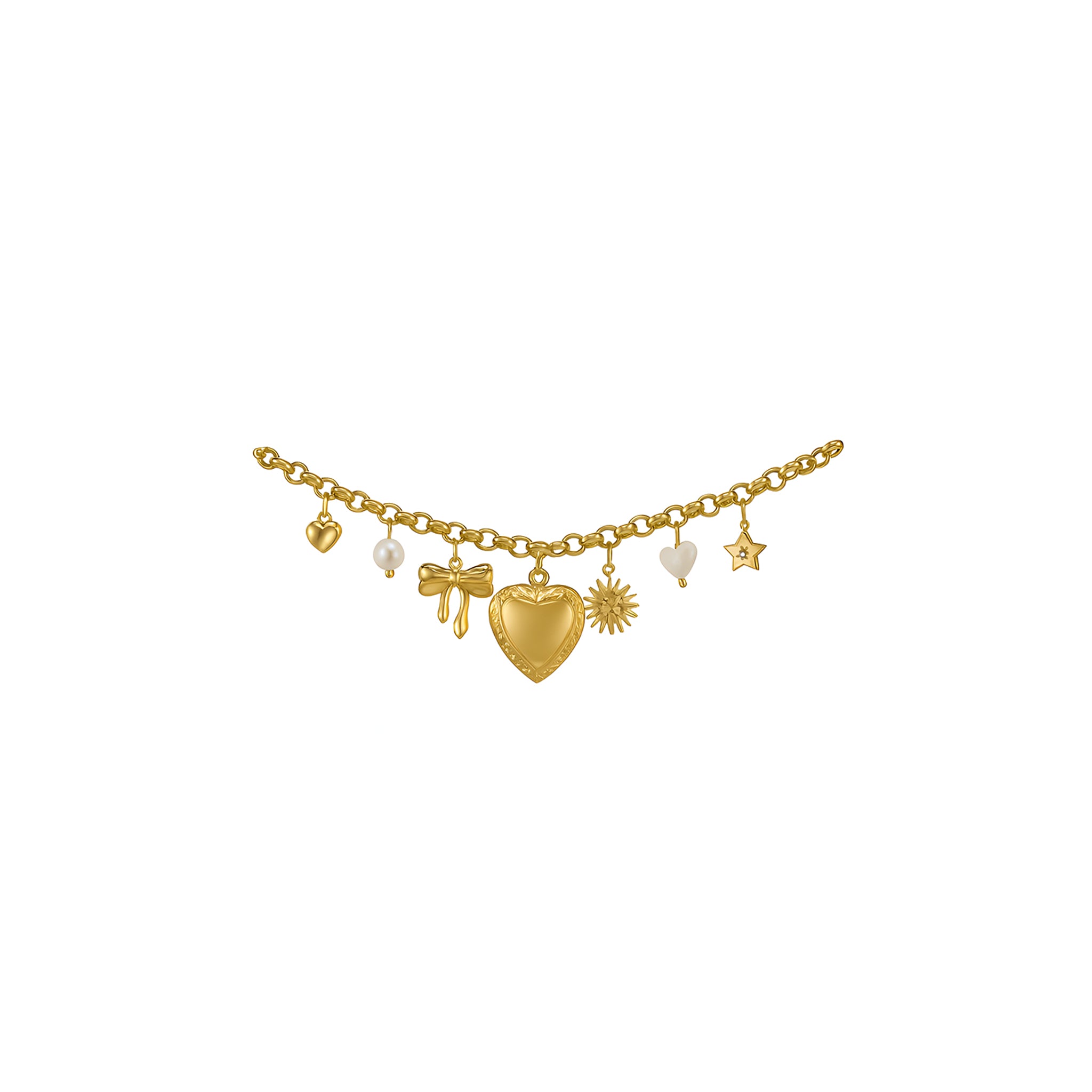 Gold bracelet with various charms on a white background