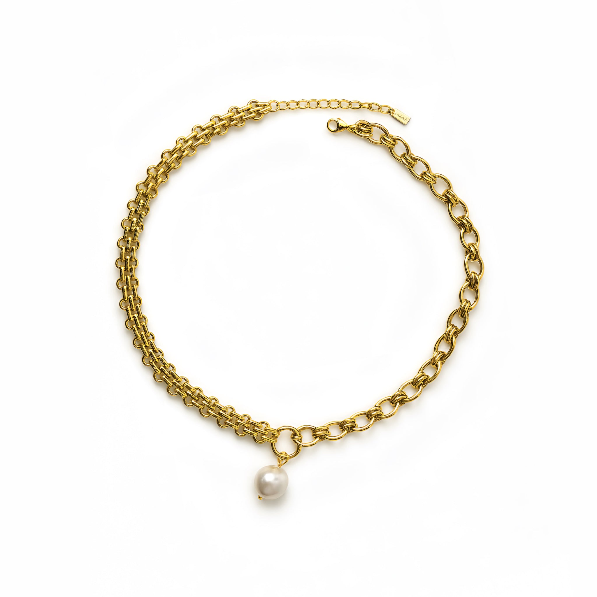 Gold chain necklace with a pearl charm on a white background