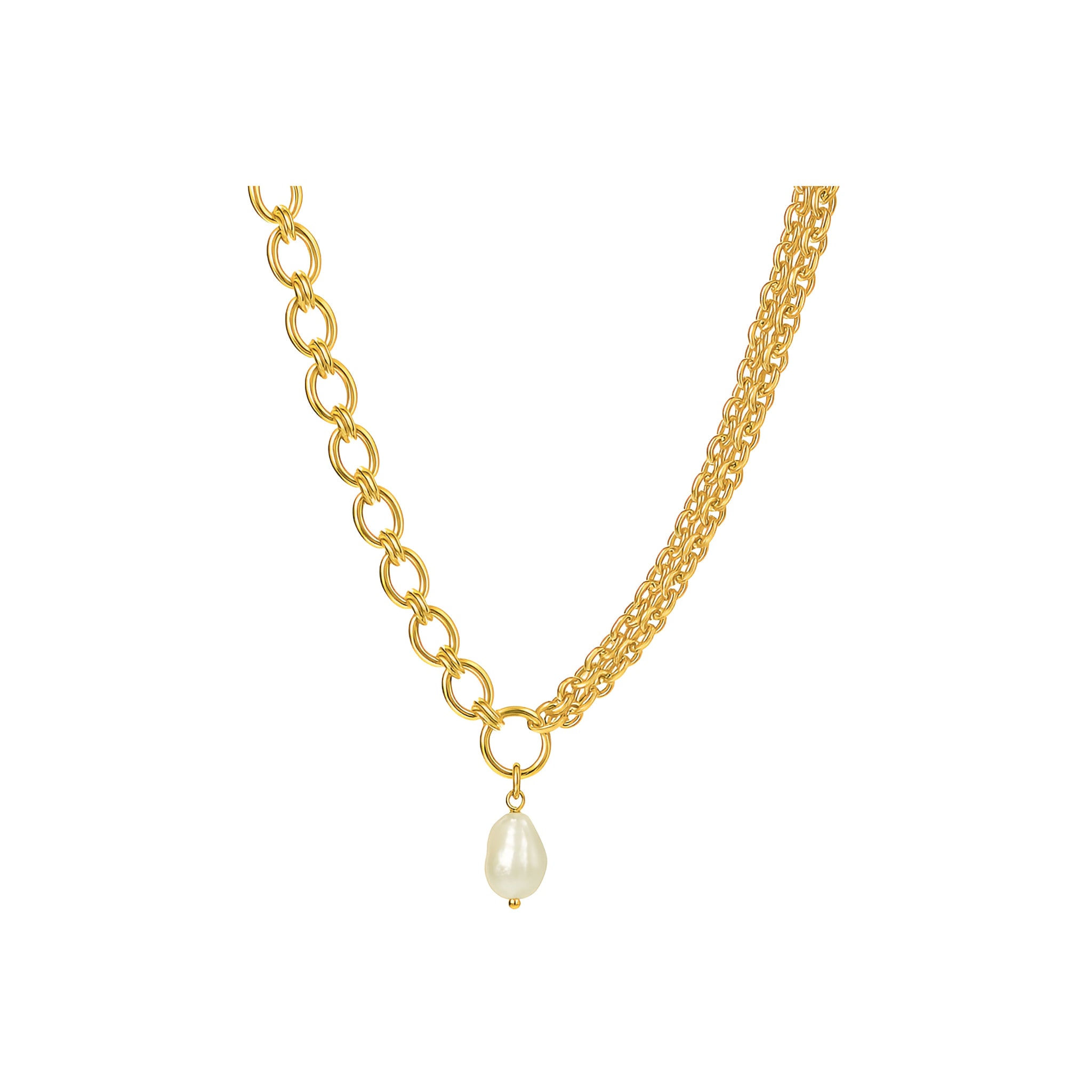 Gold chain necklace with a pearl pendant on a white background