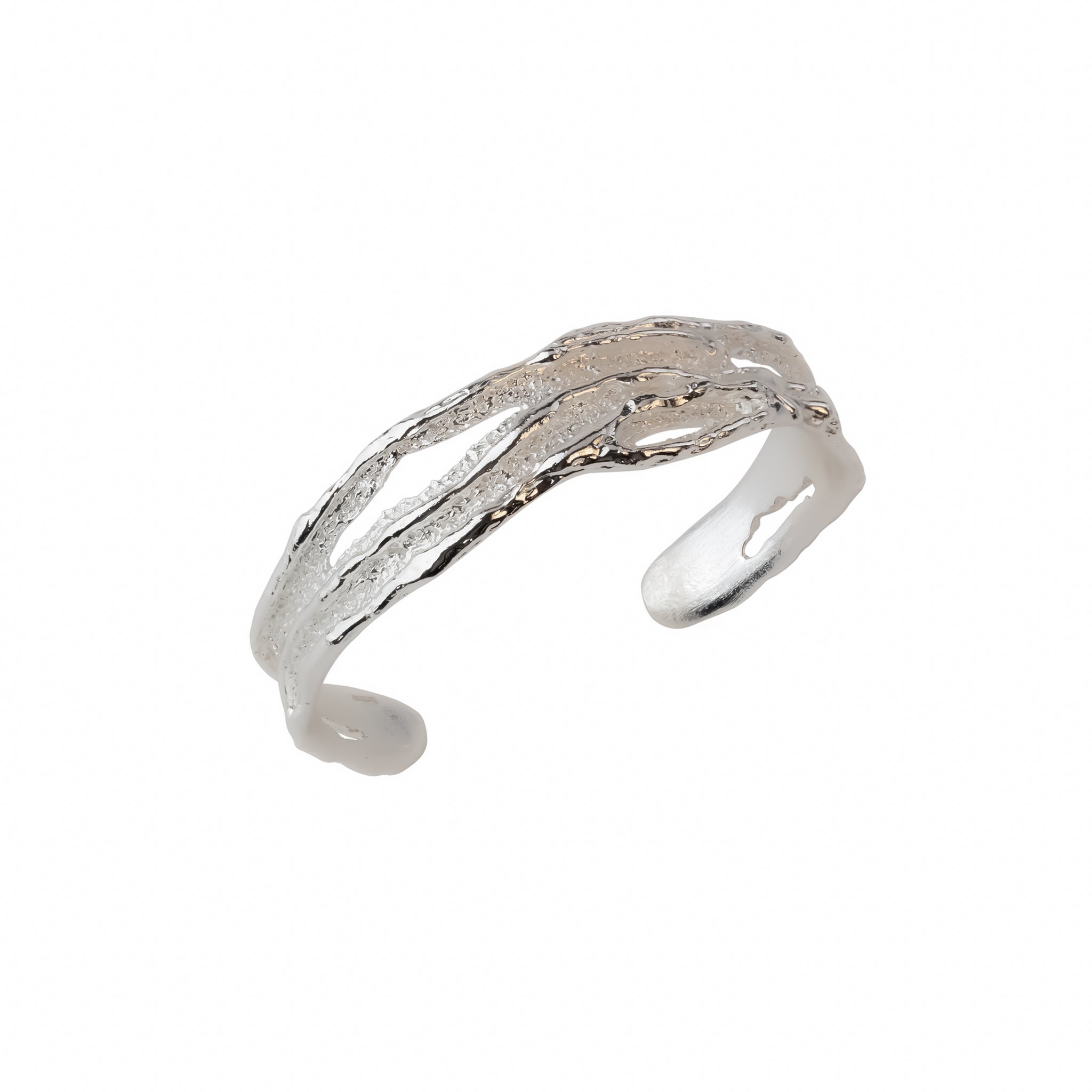 Embrace Cuff, silver plated textured open bracelet design.