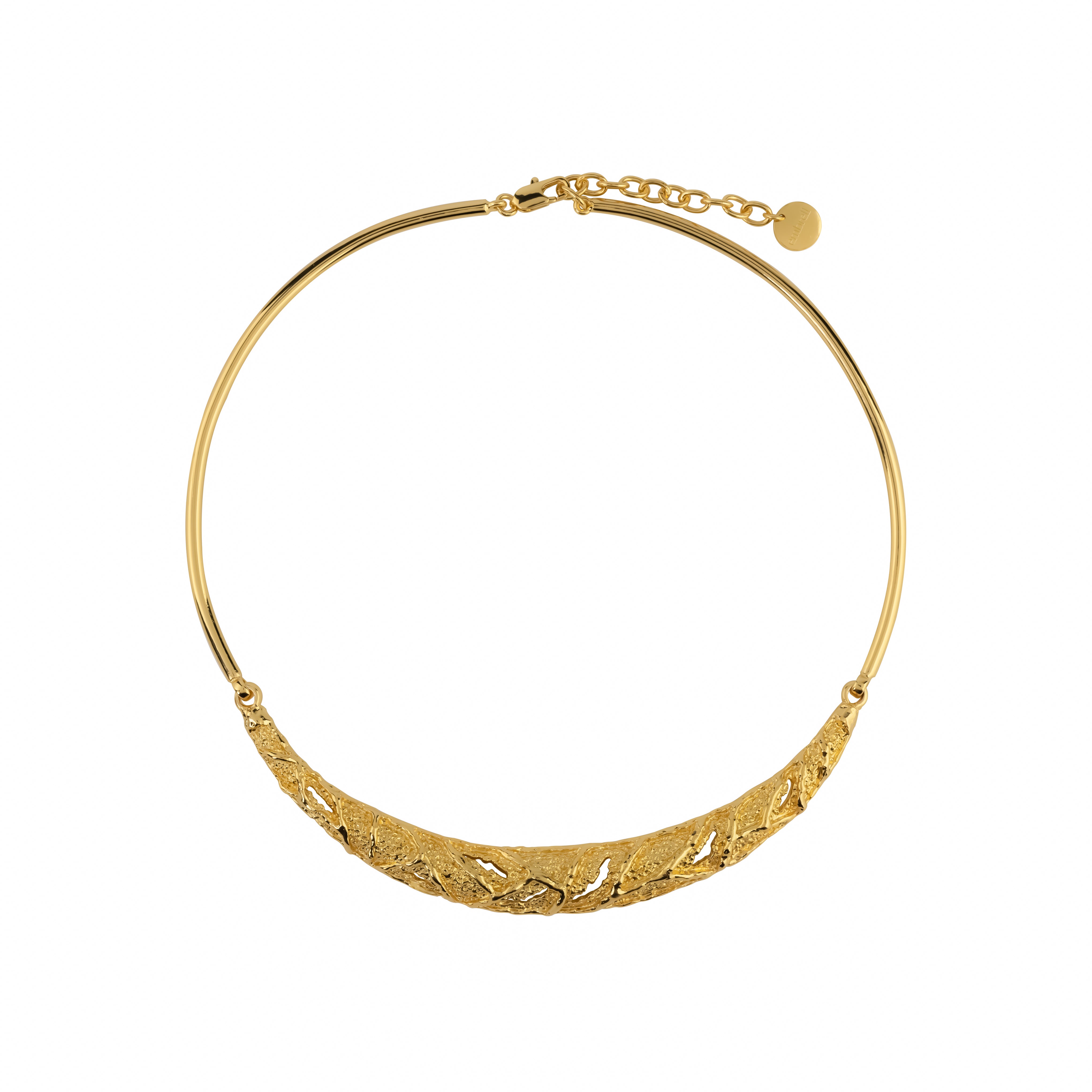 Fortune Necklace, 22K gold plated textured collar necklace with organic design.