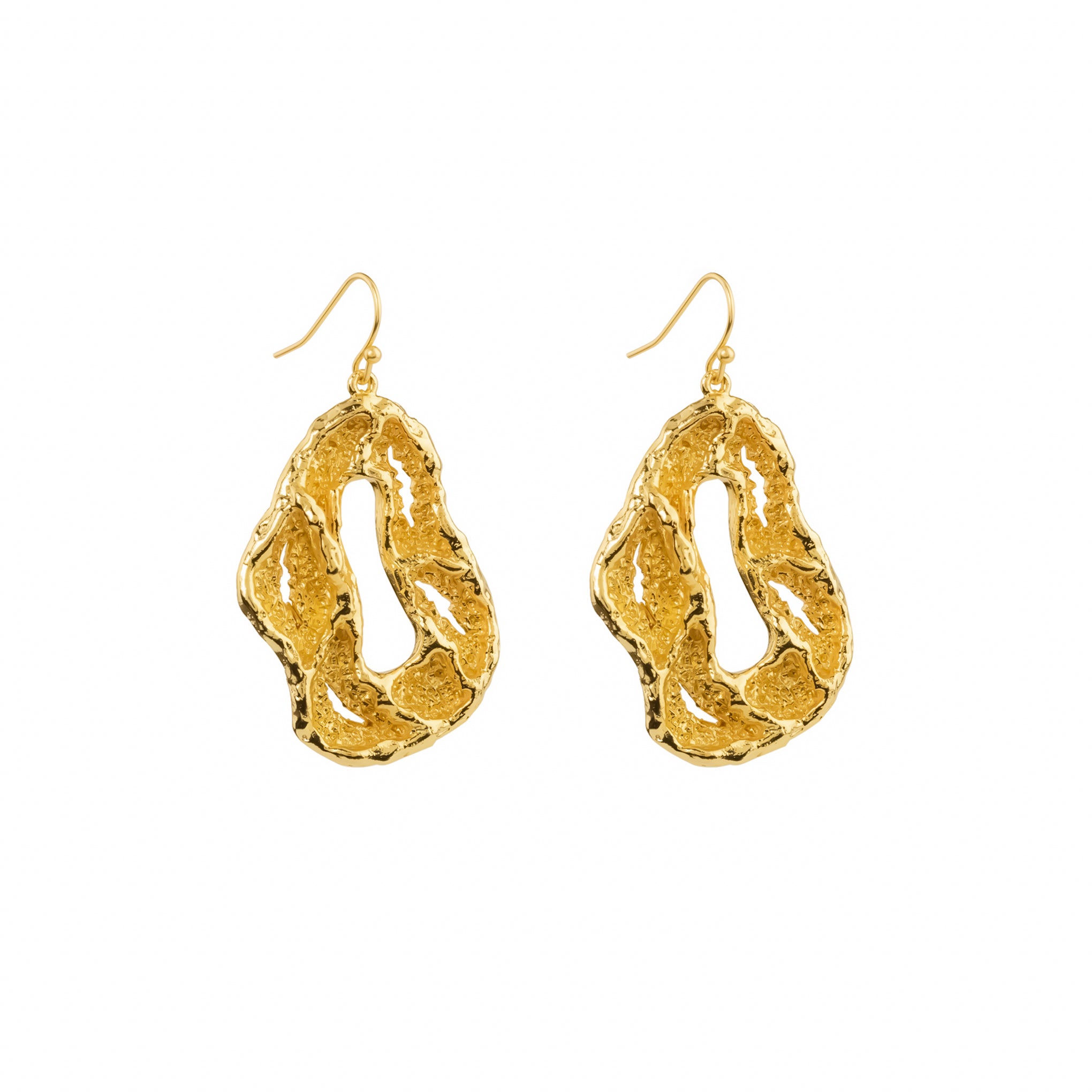 Lumen Earrings, 22K gold plated textured abstract hoop drop design.