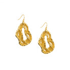 Lumen Earrings, 22K gold plated textured abstract hoop drop design.