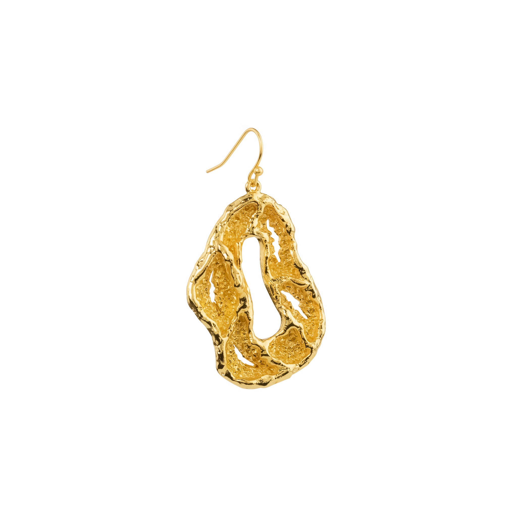 Lumen Earrings, 22K gold plated textured abstract hoop drop design.