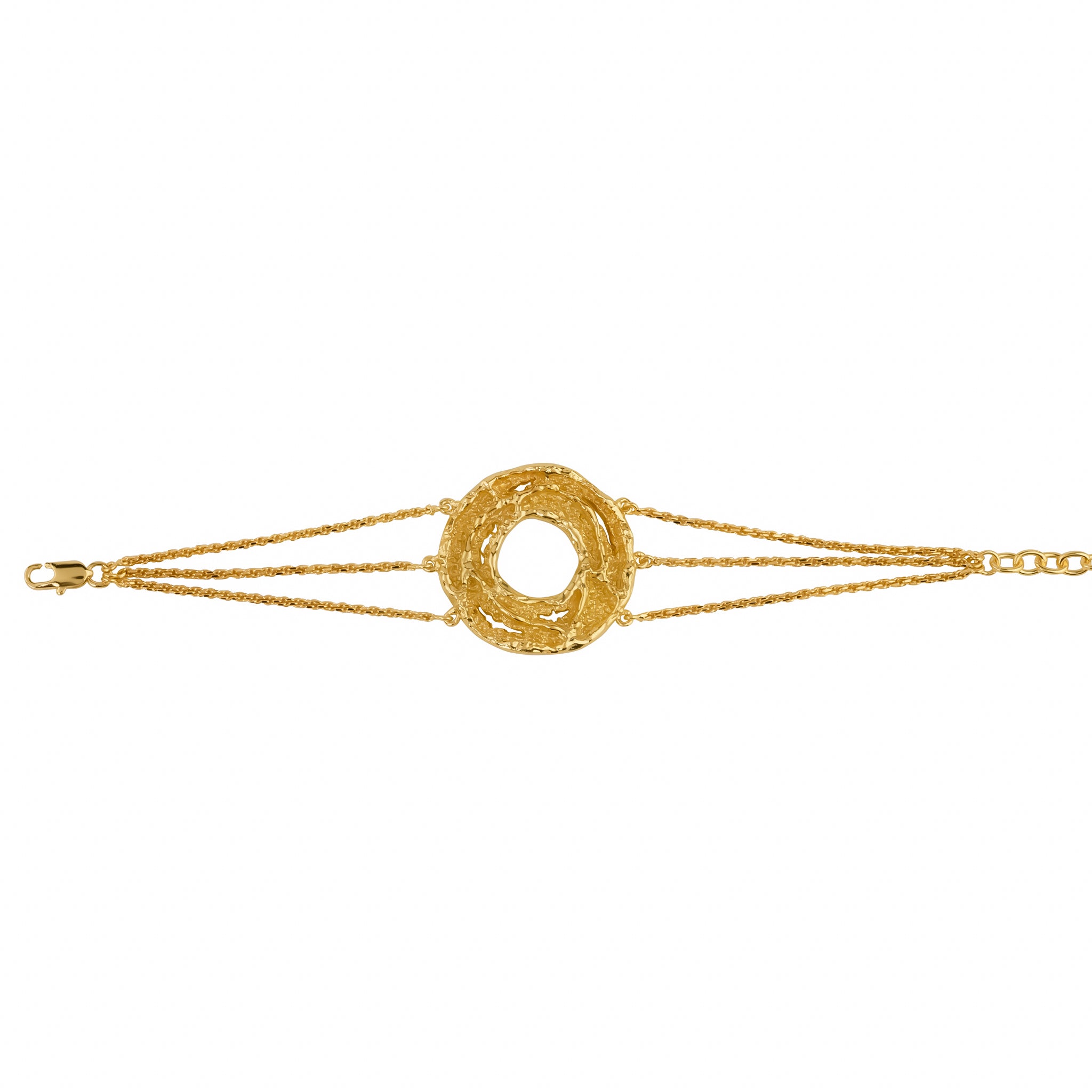 Origin Bracelet, 22K gold plated textured circle charm on triple chain design.