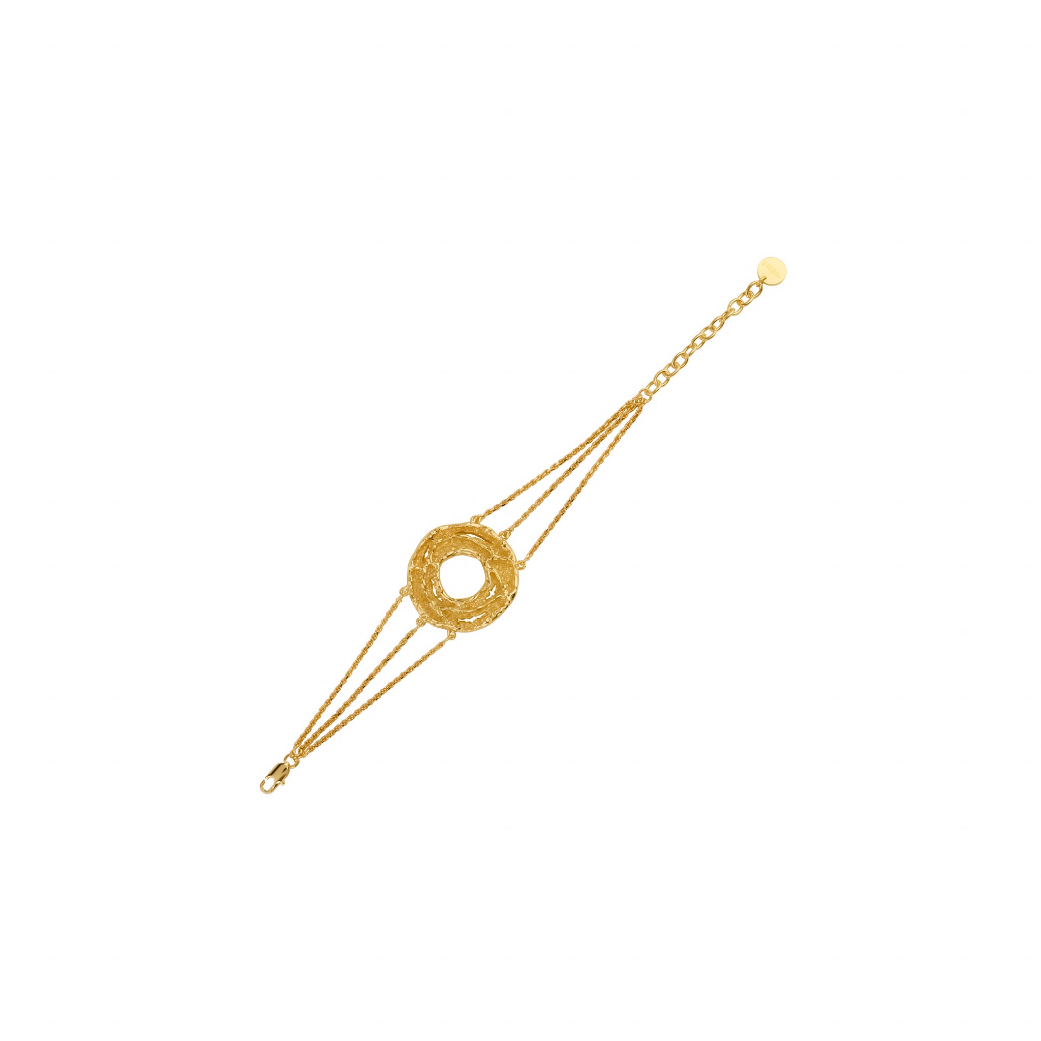 Origin Bracelet, 22K gold plated textured circle charm on triple chain design.