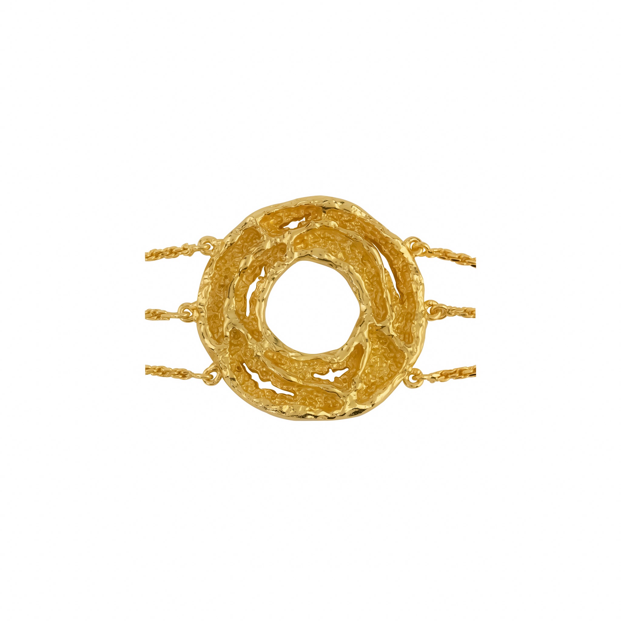 Origin Bracelet, 22K gold plated textured circle charm on triple chain design.