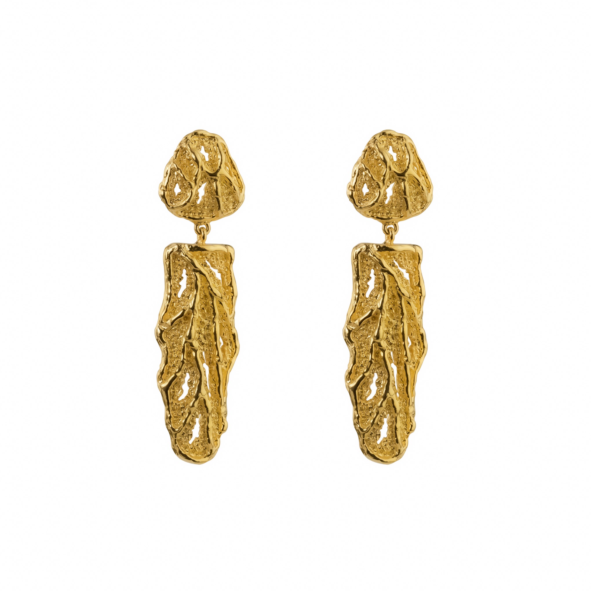 Reign Earrings, 22K gold plated textured abstract drop design.