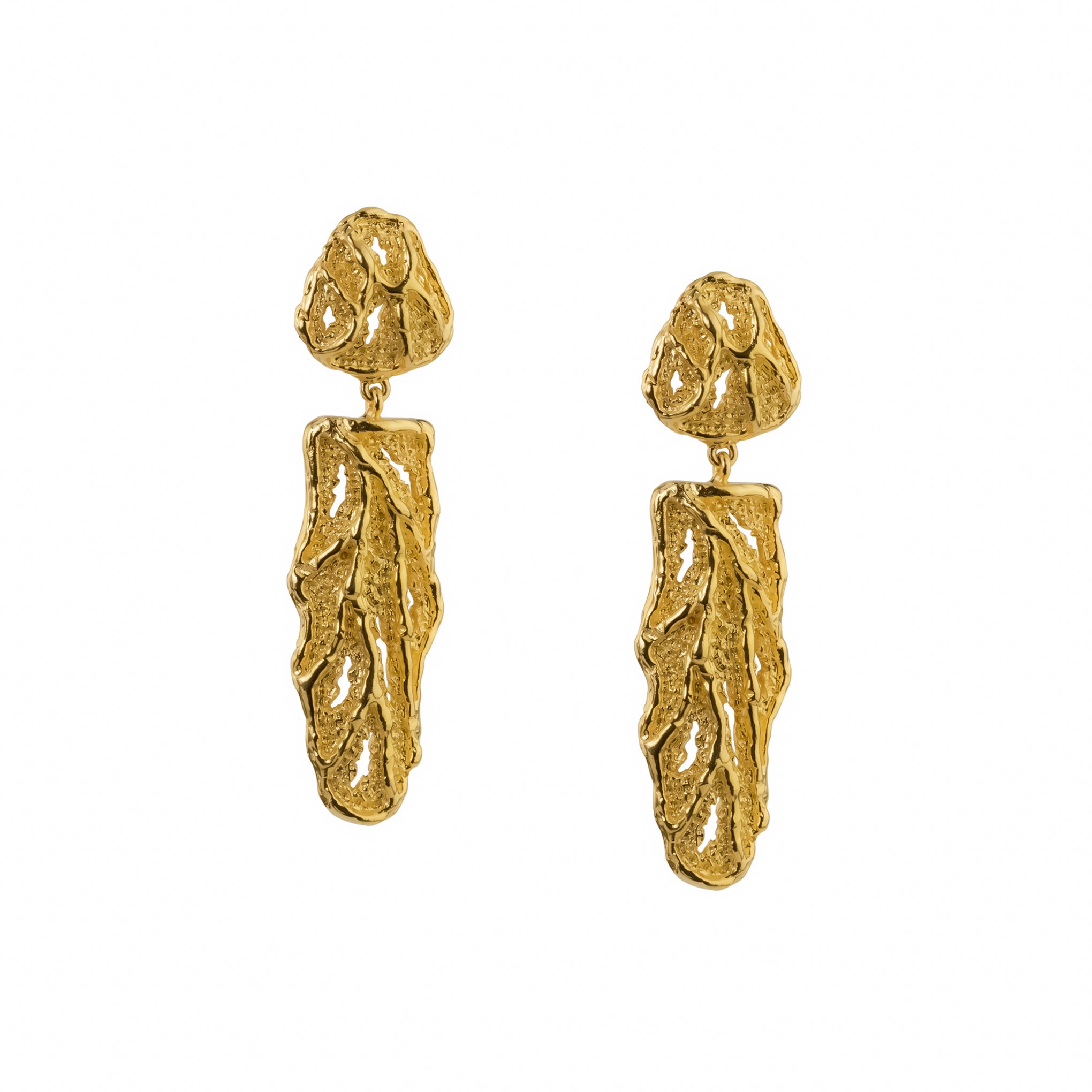 Reign Earrings, 22K gold plated textured abstract drop design.