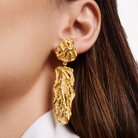 Embrell Becoming Reign Earrings in 22K gold-plated finish, molten textured statement drop earrings, handcrafted demi-fine jewellery for a bold elegant look.