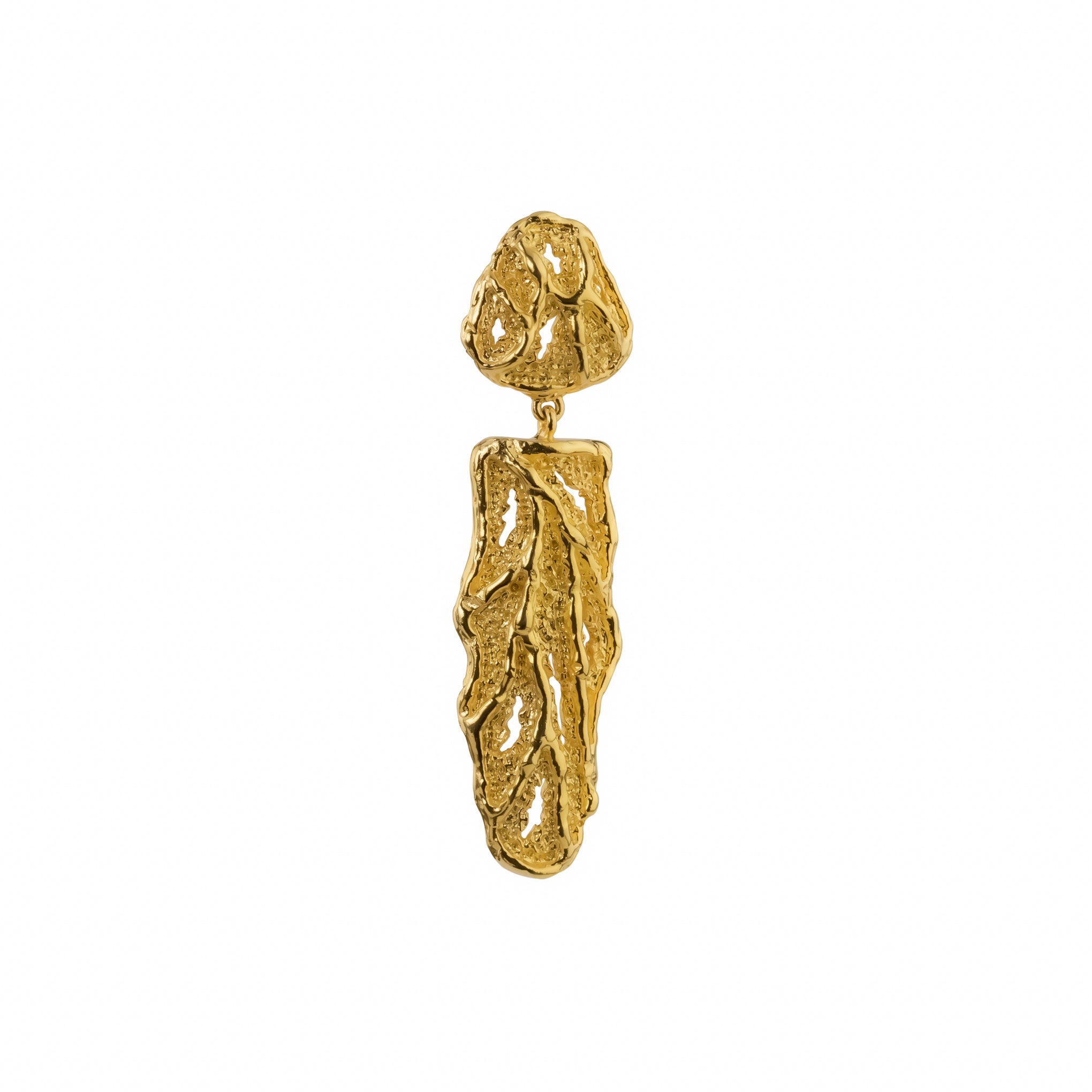 Reign Earrings, 22K gold plated textured abstract drop design.