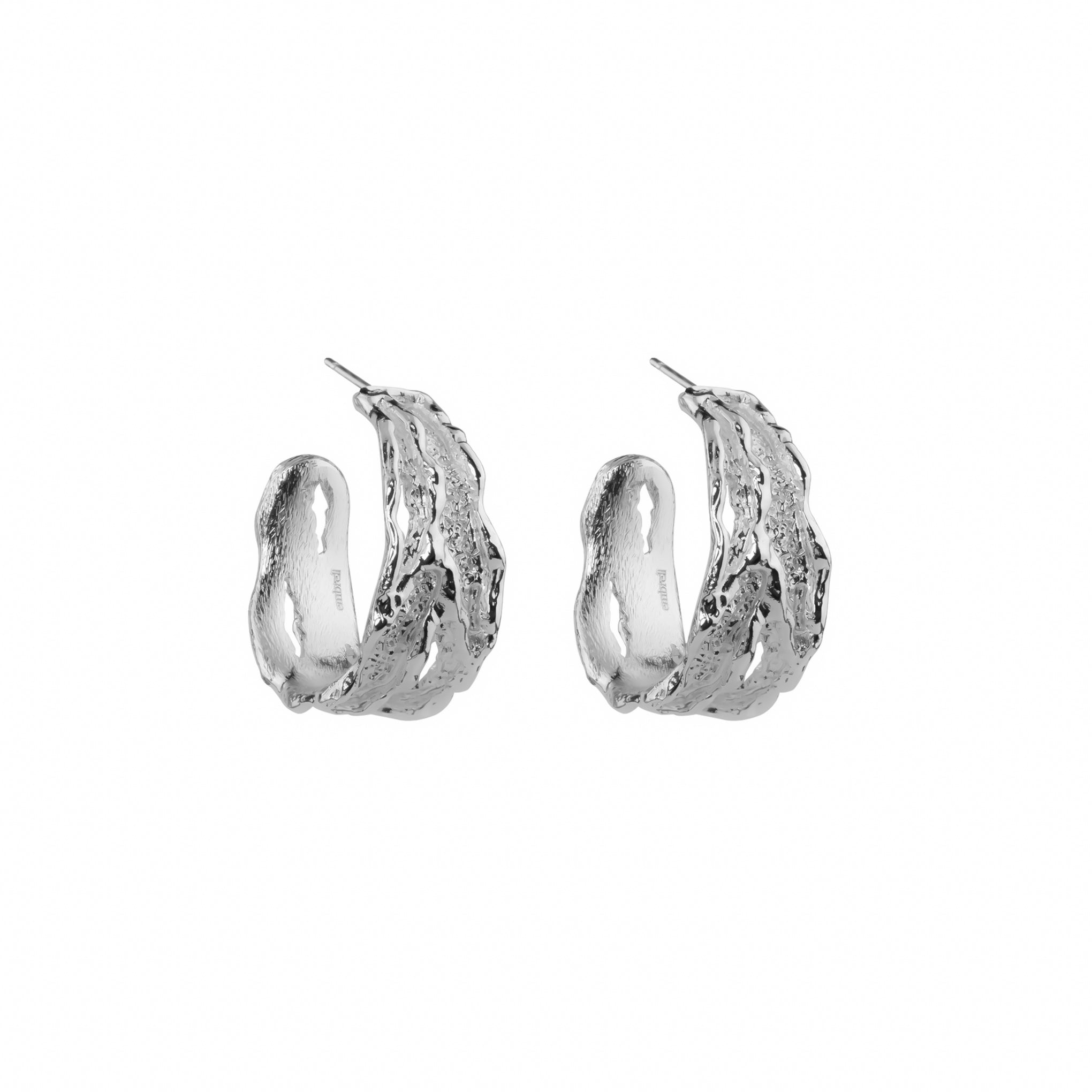 Rise Hoops, silver plated textured organic hoop earrings.