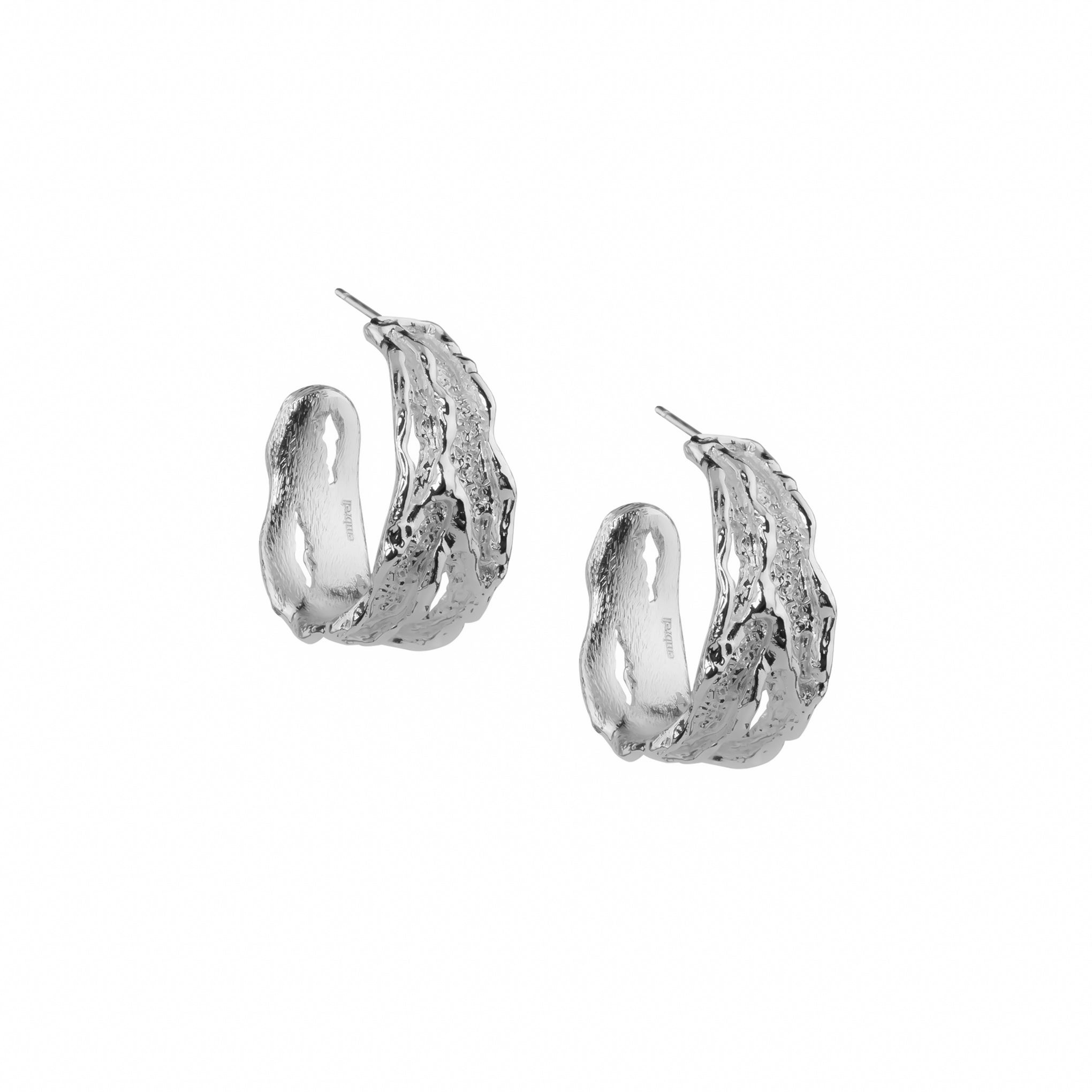 Rise Hoops, silver plated textured organic hoop earrings.