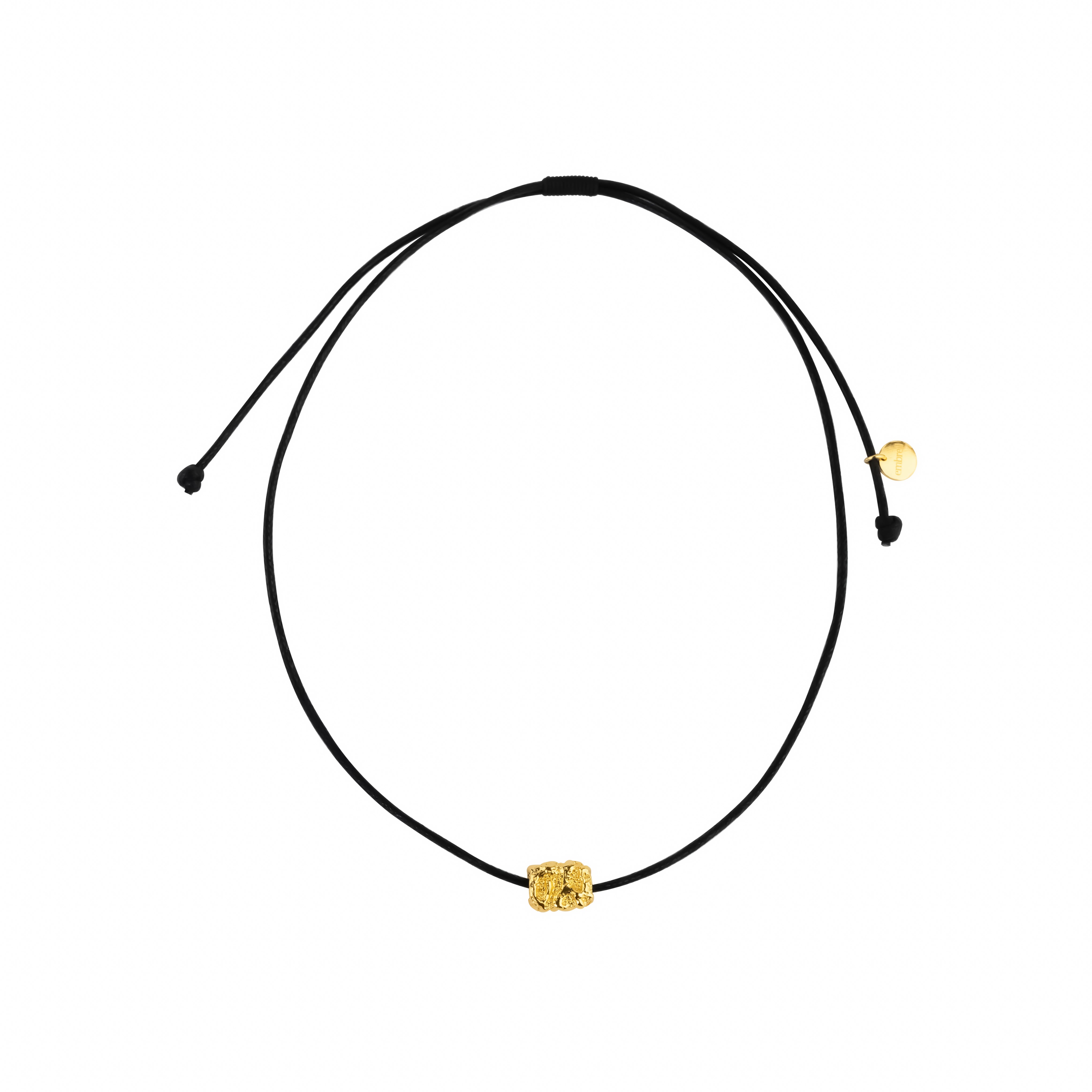 Talisman Necklace, 22K gold plated charm on adjustable black cord.