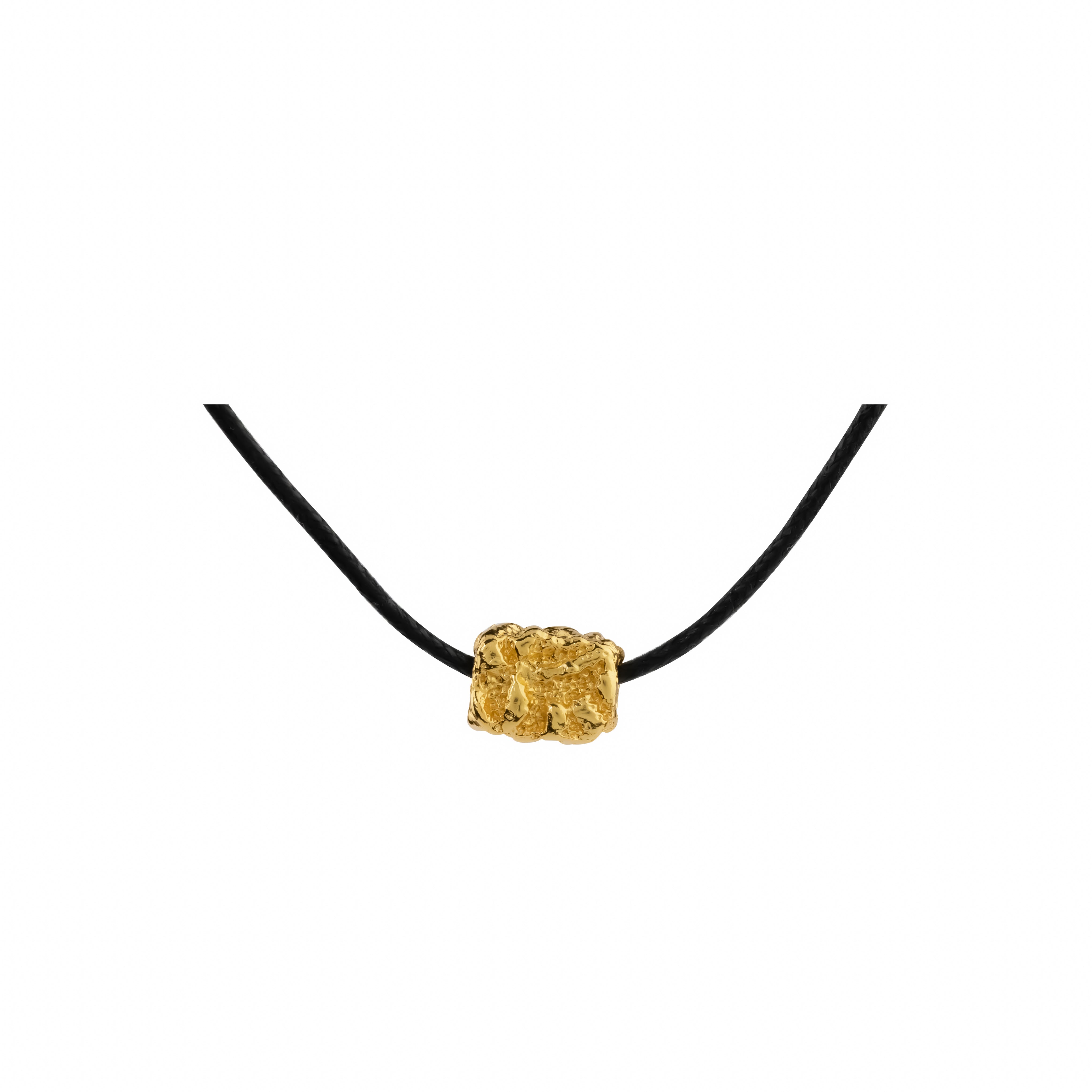 Talisman Necklace, 22K gold plated charm on adjustable black cord.