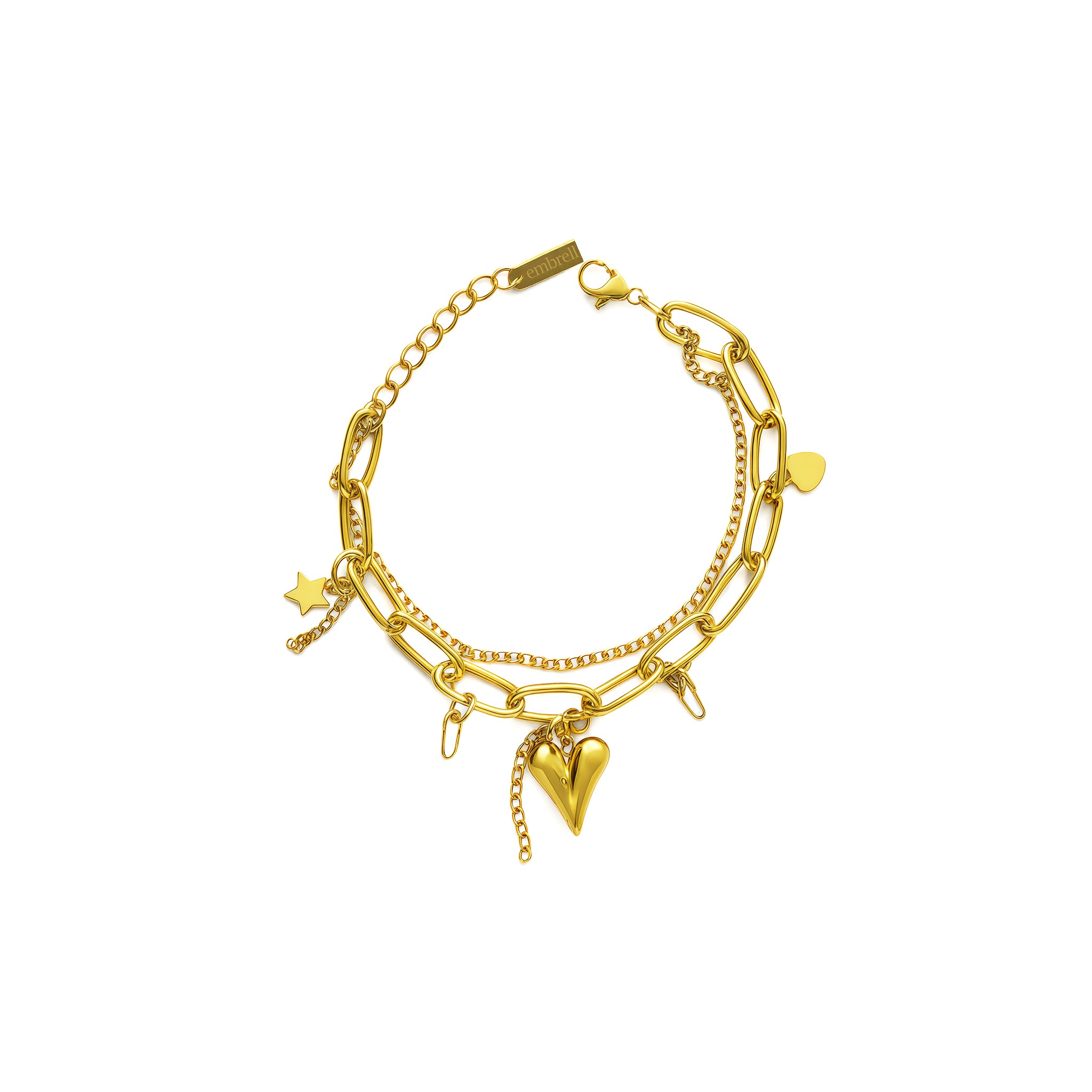 Gold bracelet with various charms on a white background