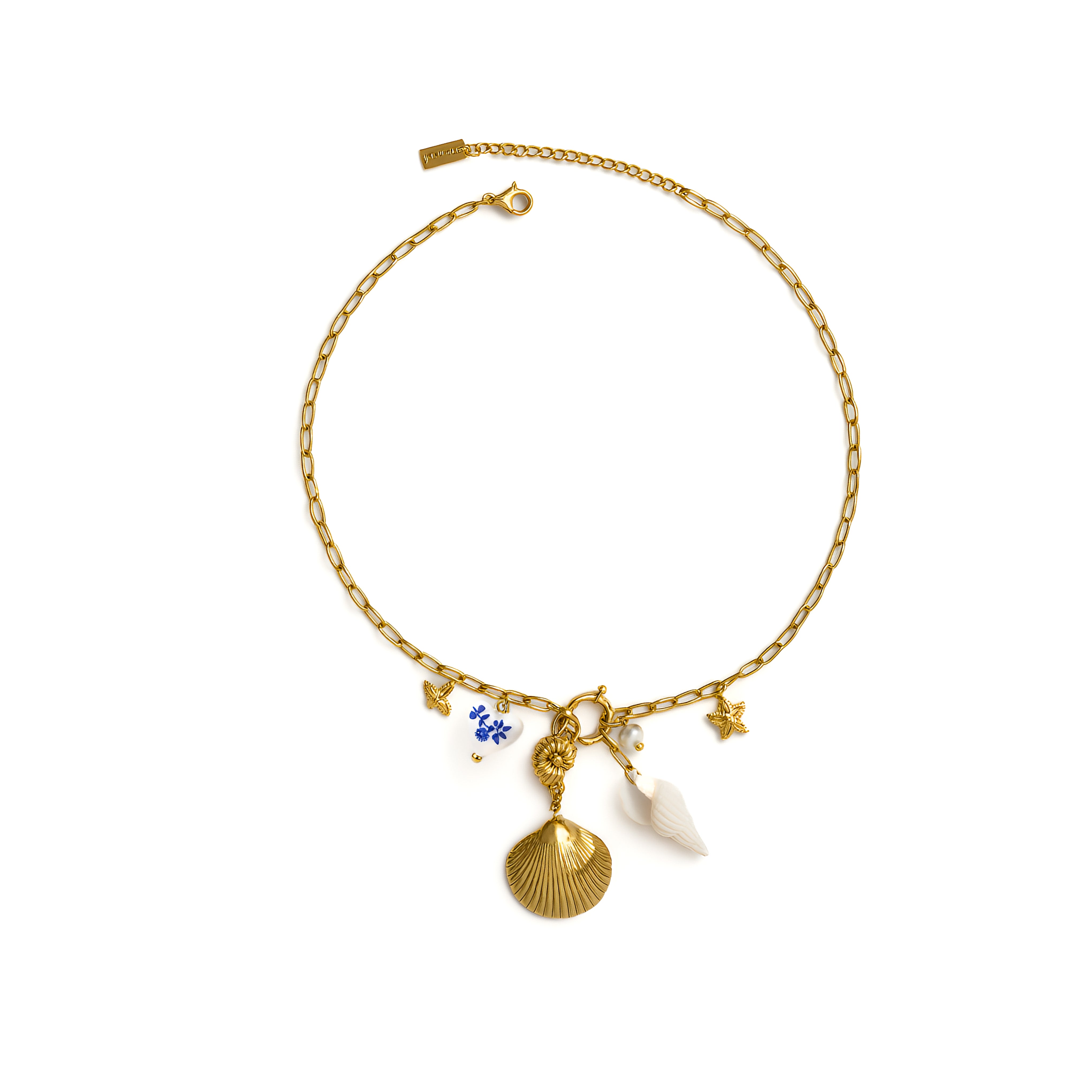 Gold bracelet with charms on a white background